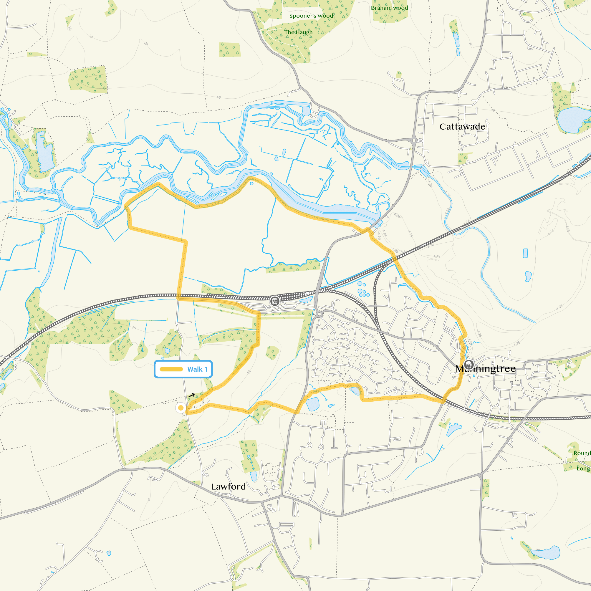 Route map for Lawford Walk 1, a 4.25 mile circular walk in Essex