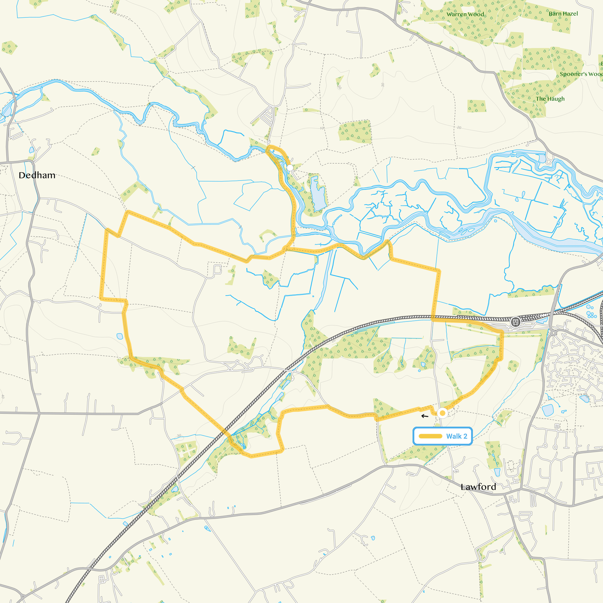Route map for Lawford Walk 2, a 6.5 mile circular walk in Essex