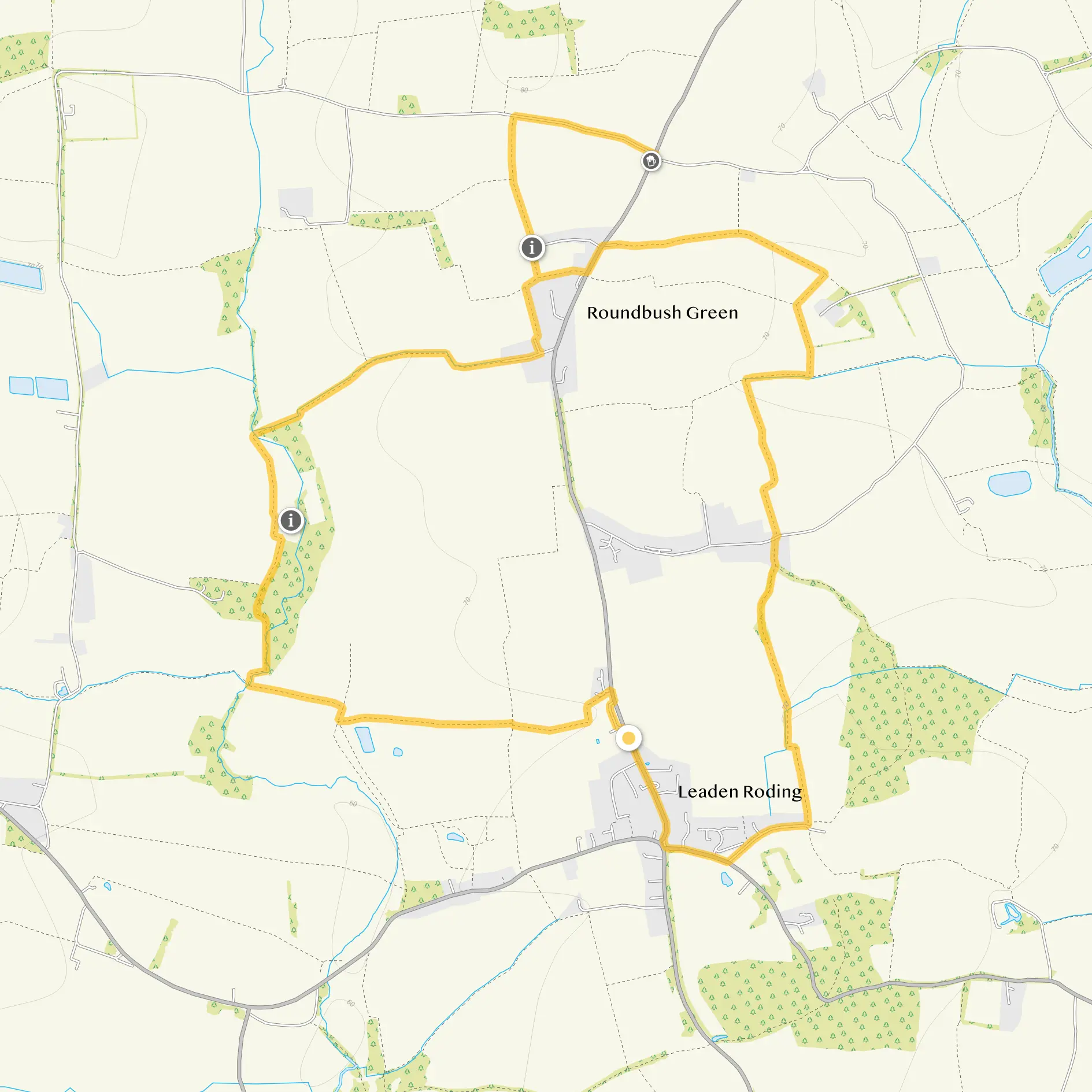 Route map for Leaden Rodings Walk, a 4.5 mile circular walk in Essex