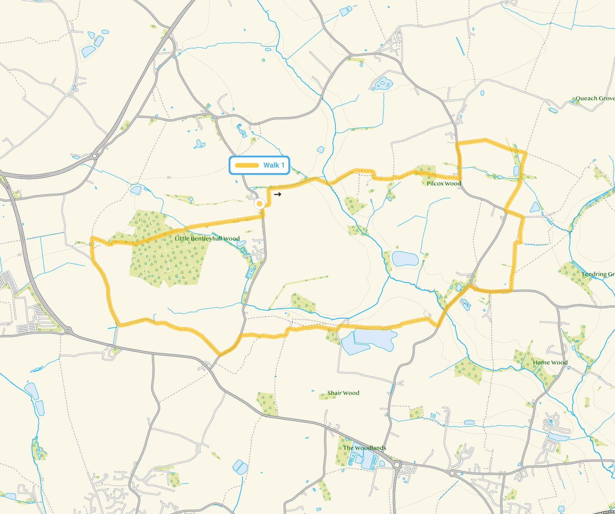 Route map for Little Bentley Walk, a 7.5 mile circular walk in Essex