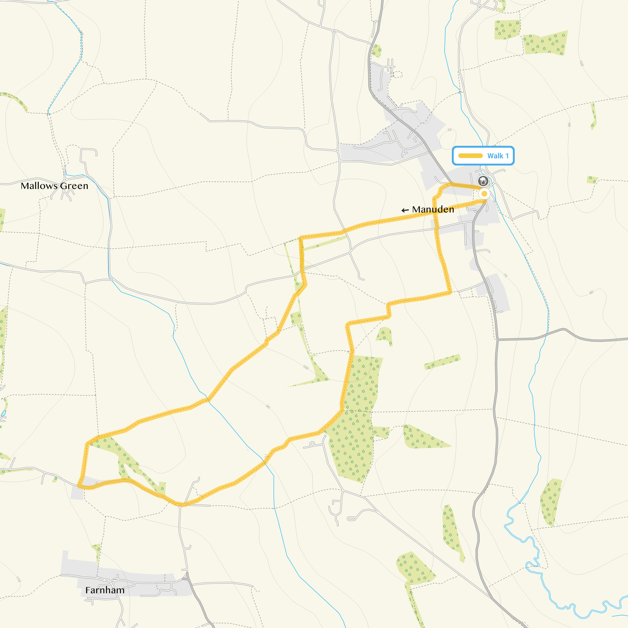Route map for Manuden Walk 1, a 3.5 mile circular walk in Essex