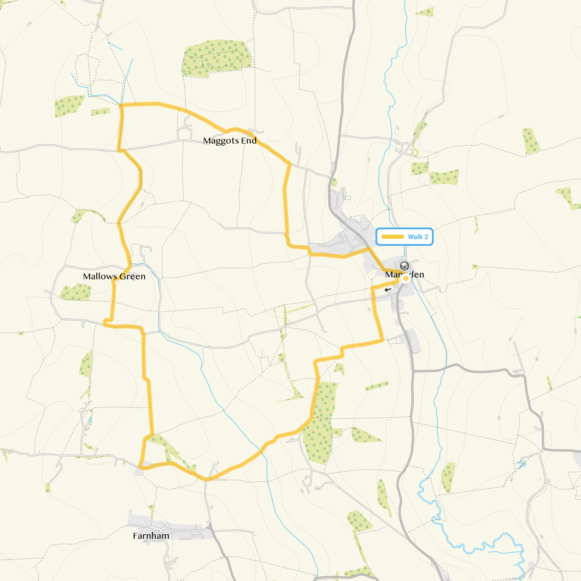 Route map for Manuden Walk 2, a 5.75 mile circular walk in Essex