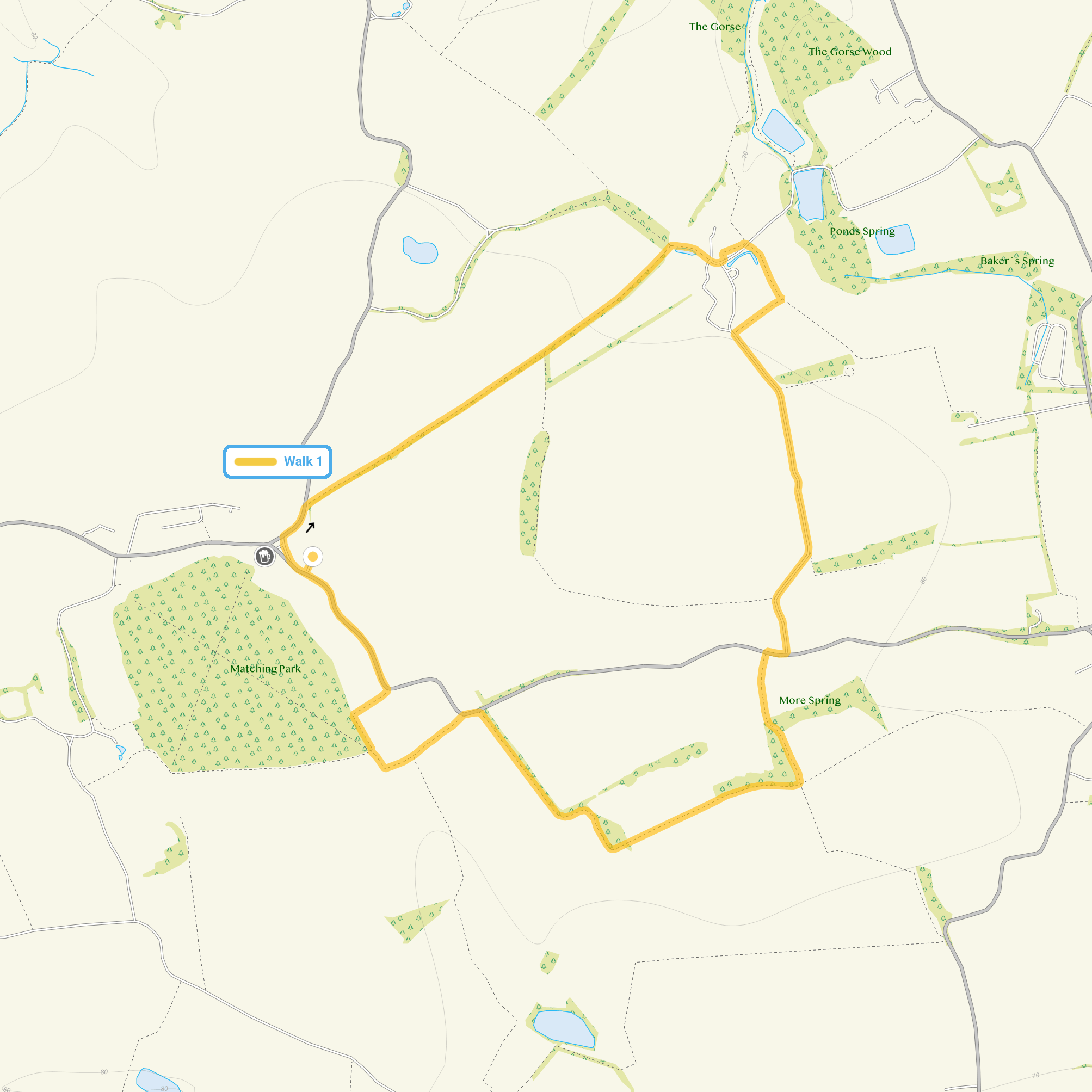 Route map for Matching Tye Walk 1, a 3 mile circular walk in Essex