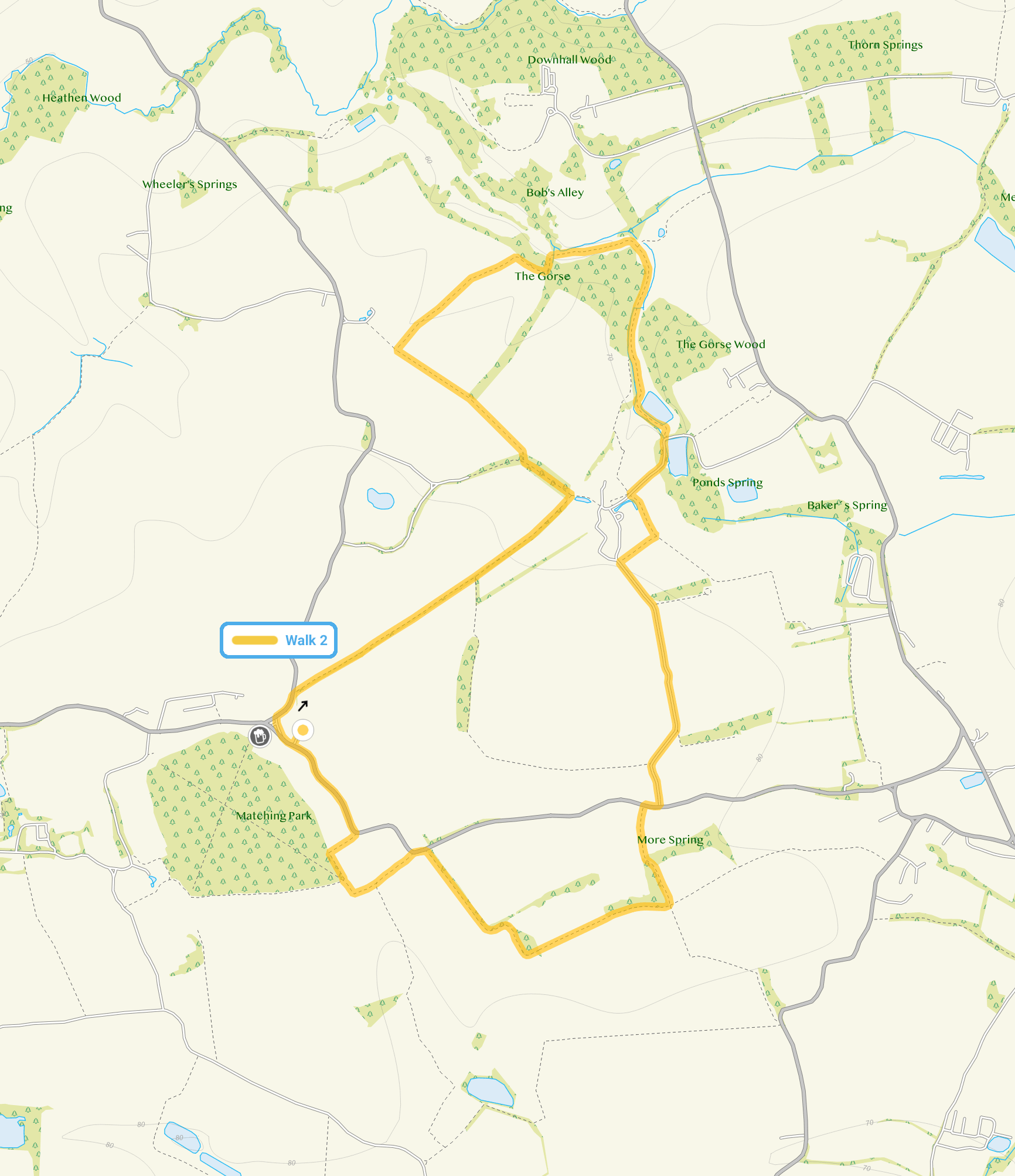 Route map for Matching Tye Walk 2, a 4.25 mile circular walk in Essex