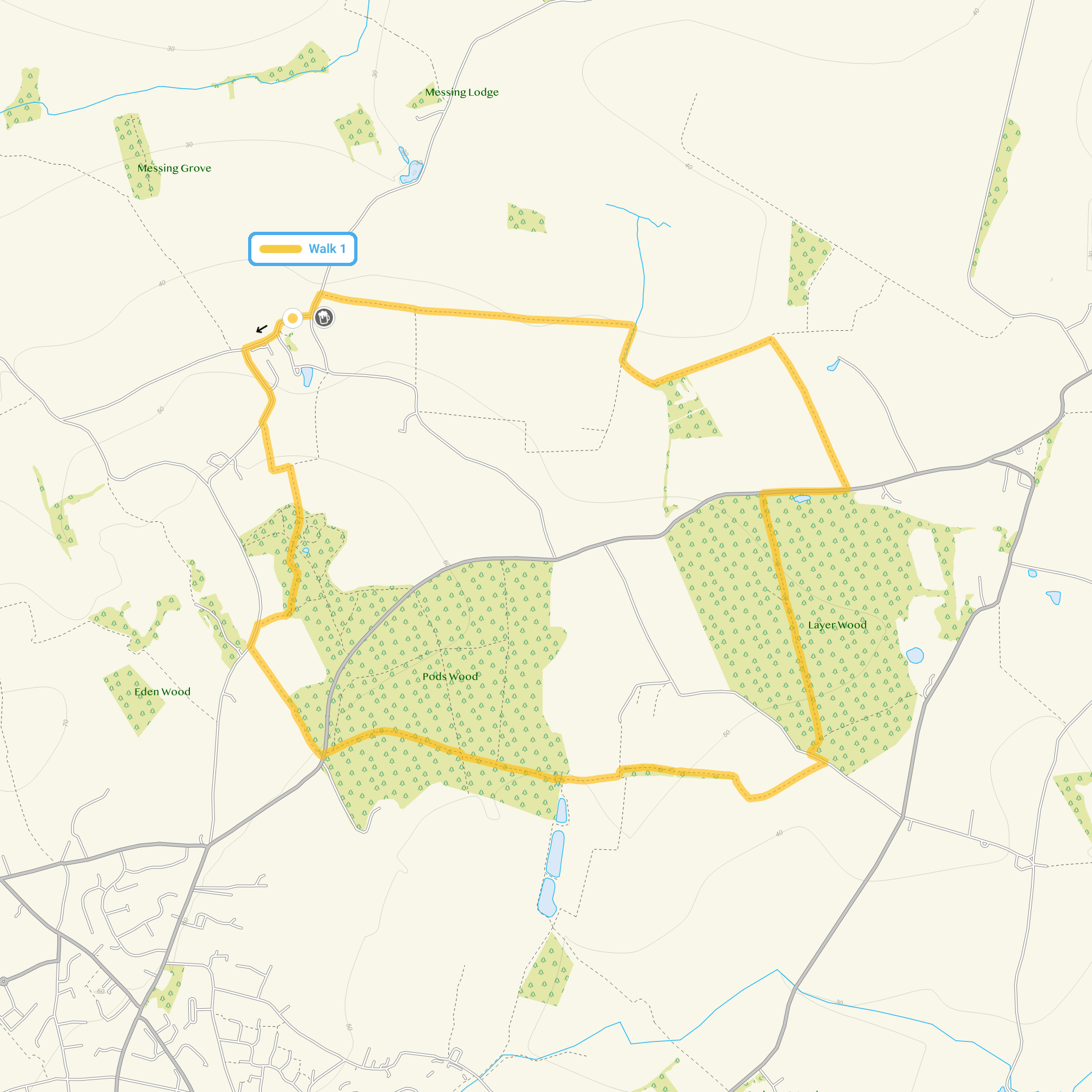 Route map for Messing Walk, a 4.5 mile circular walk in Essex