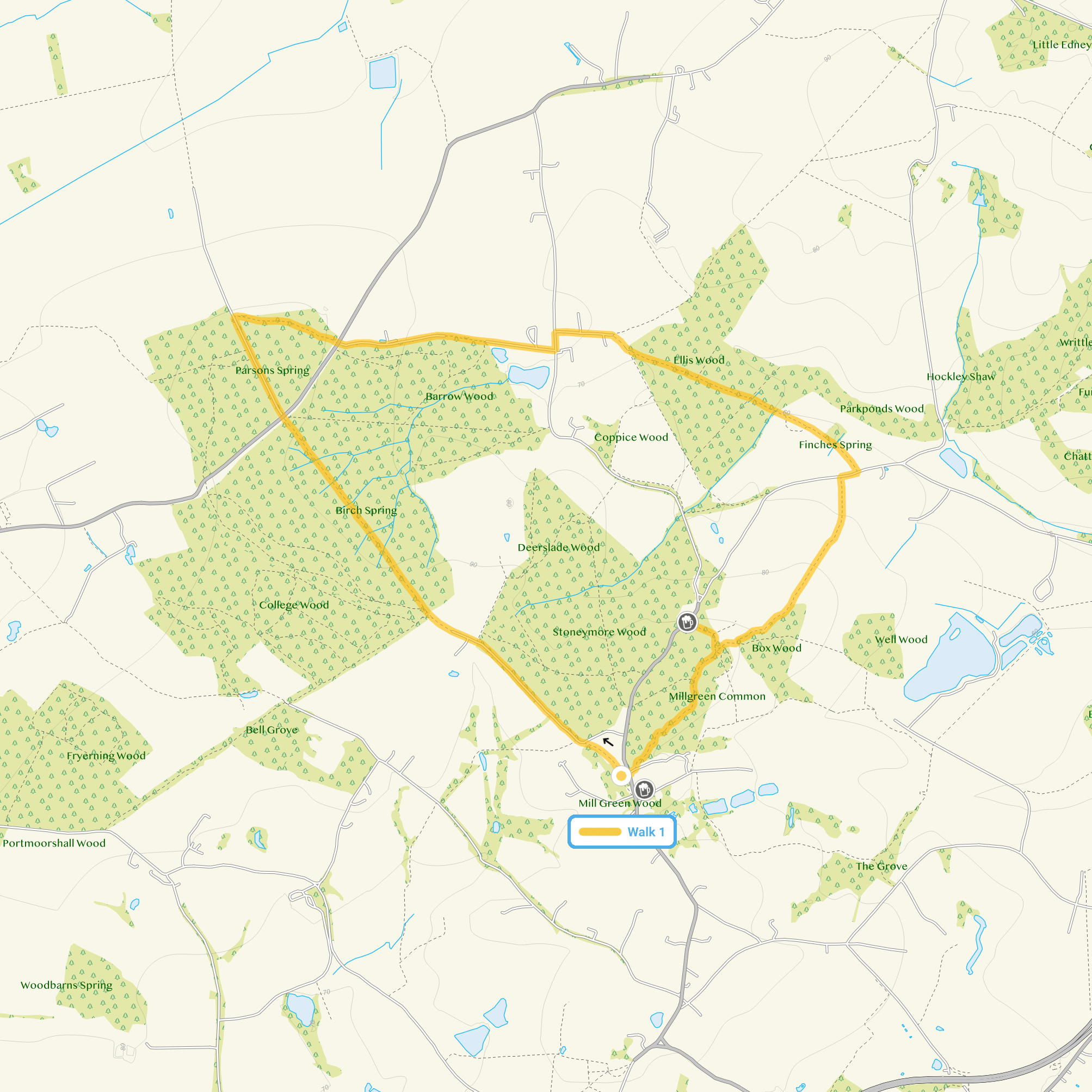 Route map for Mill Green Walk, a 4.25 mile circular walk in Essex
