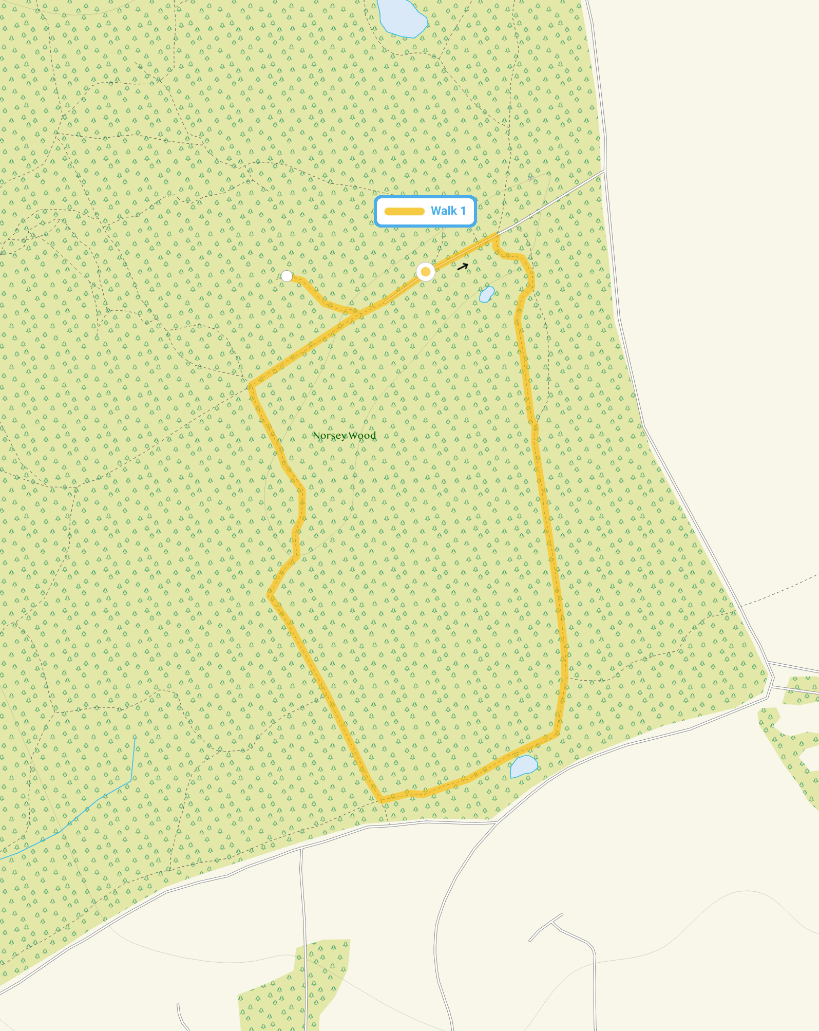 Route map for Norsey Woods Walk 1, a 0.75 mile circular walk in Essex