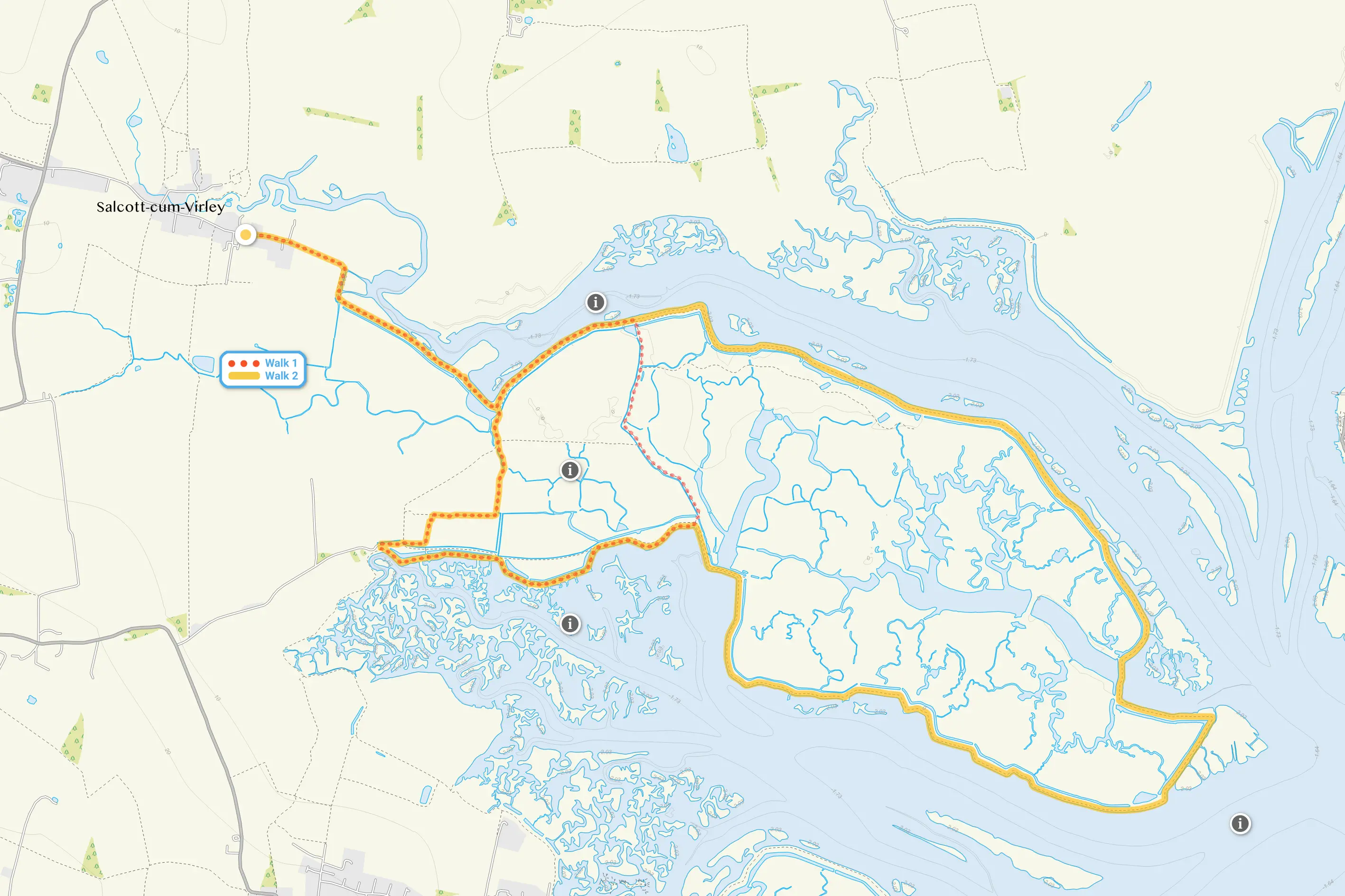 Route map for Old Hall Marshes Walk 1, a 4.75 mile circular walk in Essex