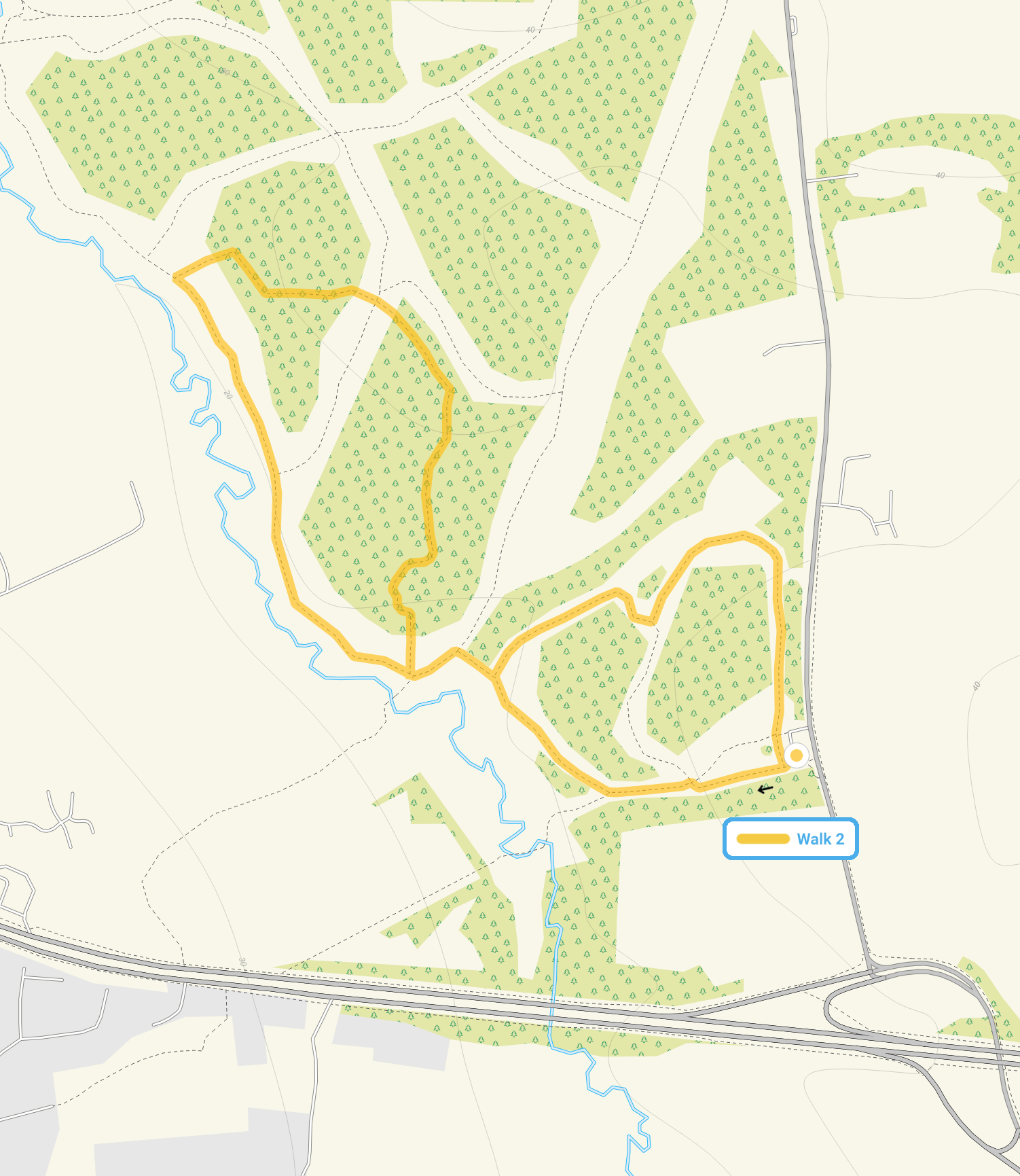 Route map for Pages Wood Walk 2, a 1.5 mile circular walk in Essex