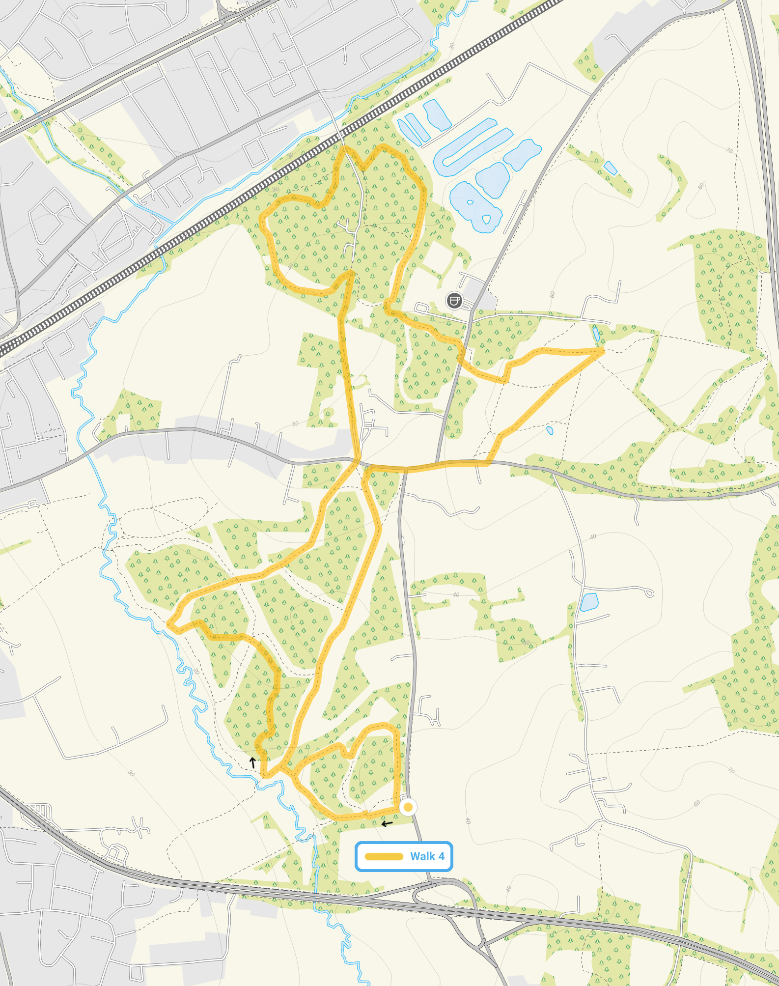 Route map for Pages Wood Walk 4, a 4.75 mile circular walk in Essex
