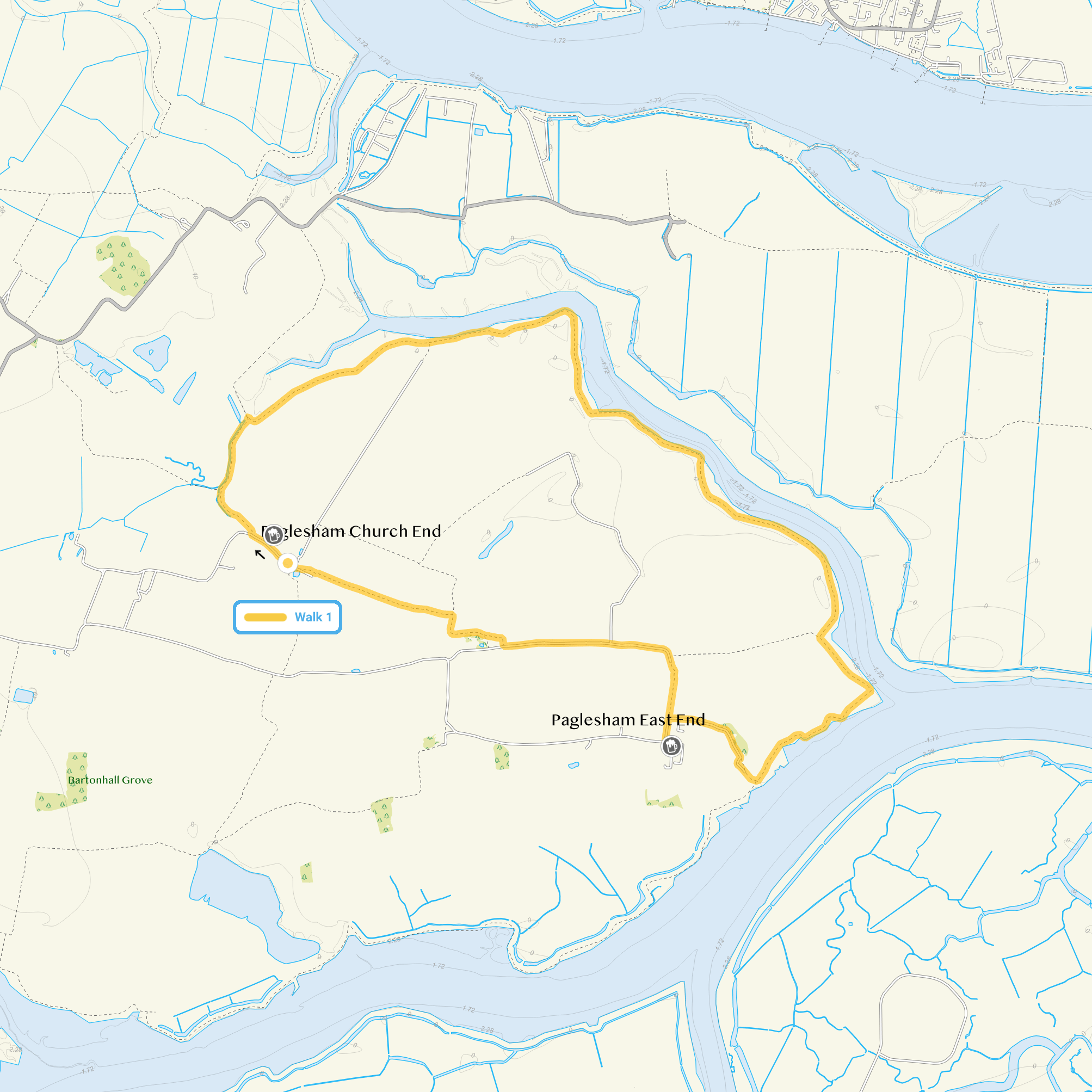 Route map for Paglesham Walk 1, a 5.5 mile circular walk in Essex