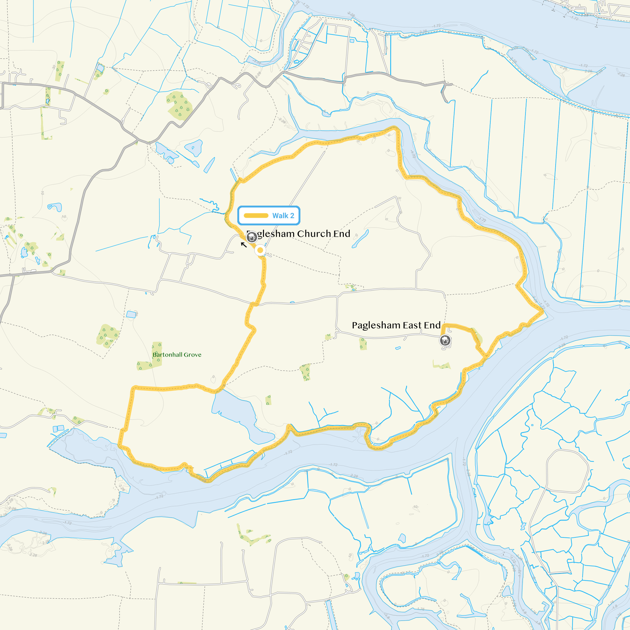 Route map for Paglesham Walk 2, a 9.25 mile circular walk in Essex