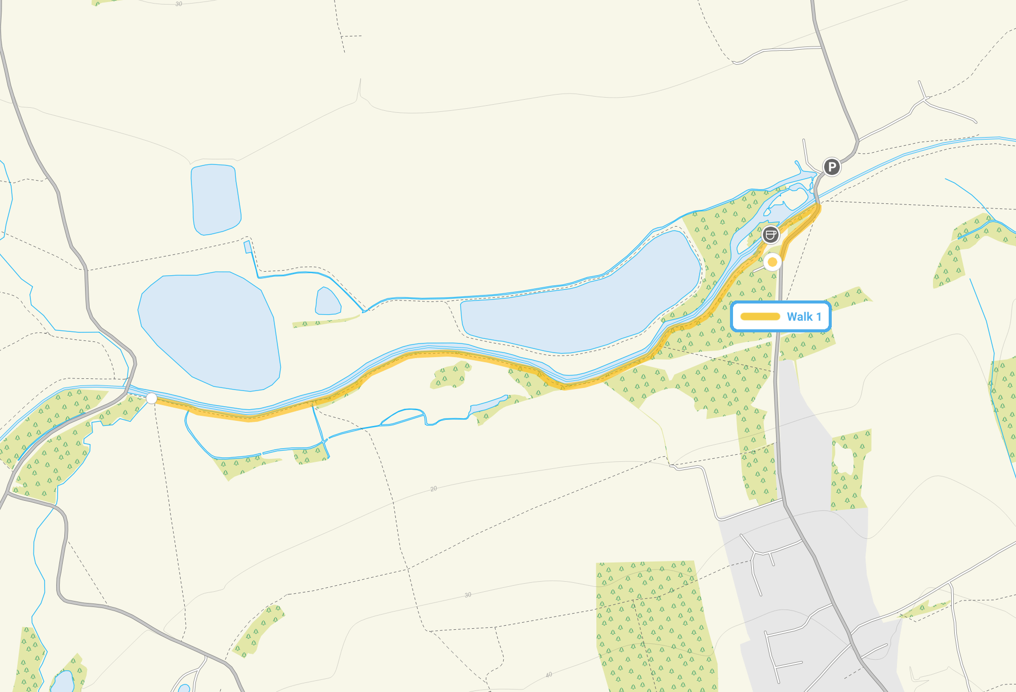 Route map for Paper Mill Lock Walk 1, a 2 mile circular walk in Essex