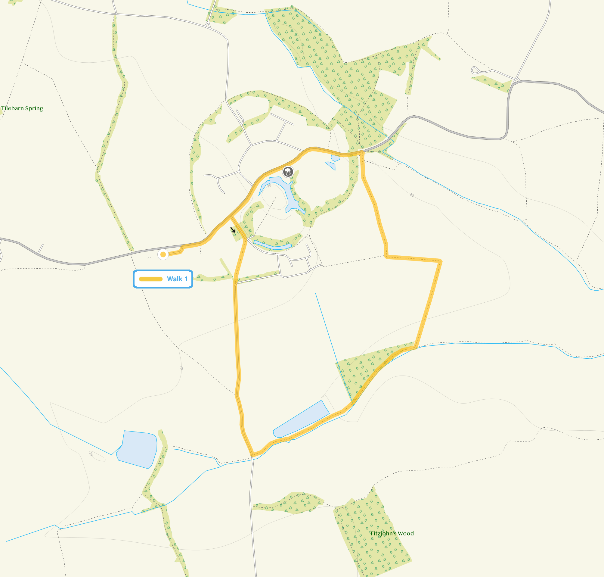 Route map for Pleshey Walk 1, a 1.75 mile circular walk in Essex