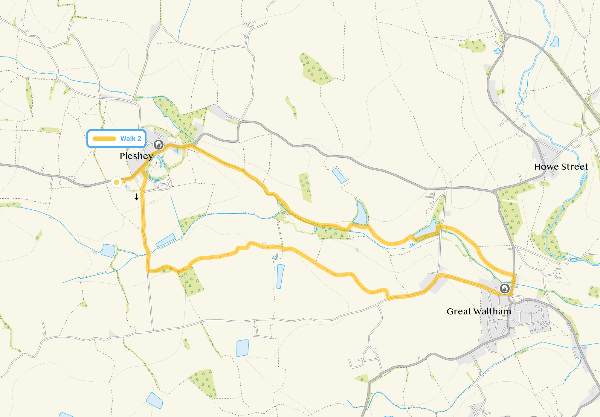 Route map for Pleshey Walk 2, a 5.5 mile circular walk in Essex