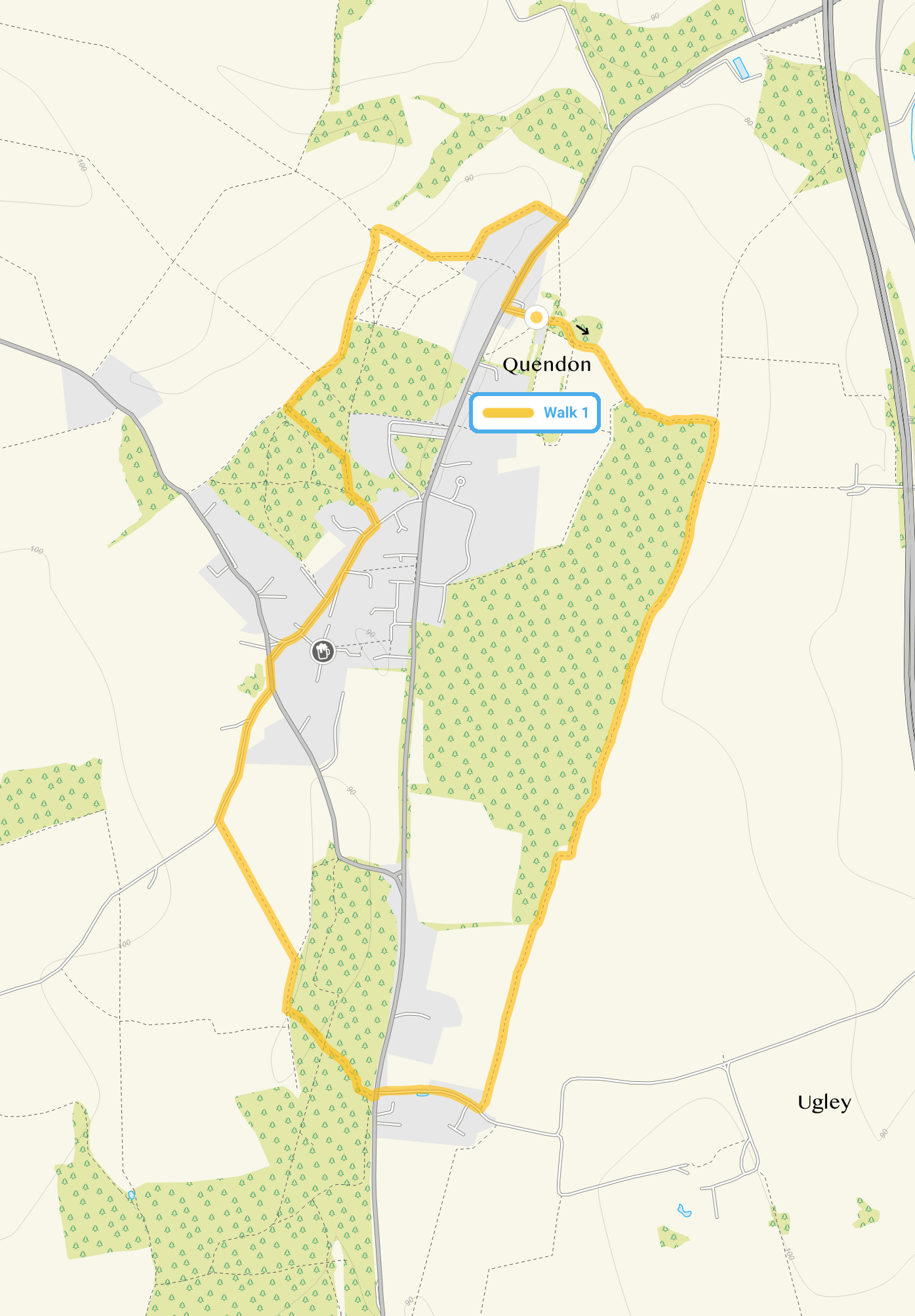Route map for Quendon Walk 1, a 3.5 mile circular walk in Essex