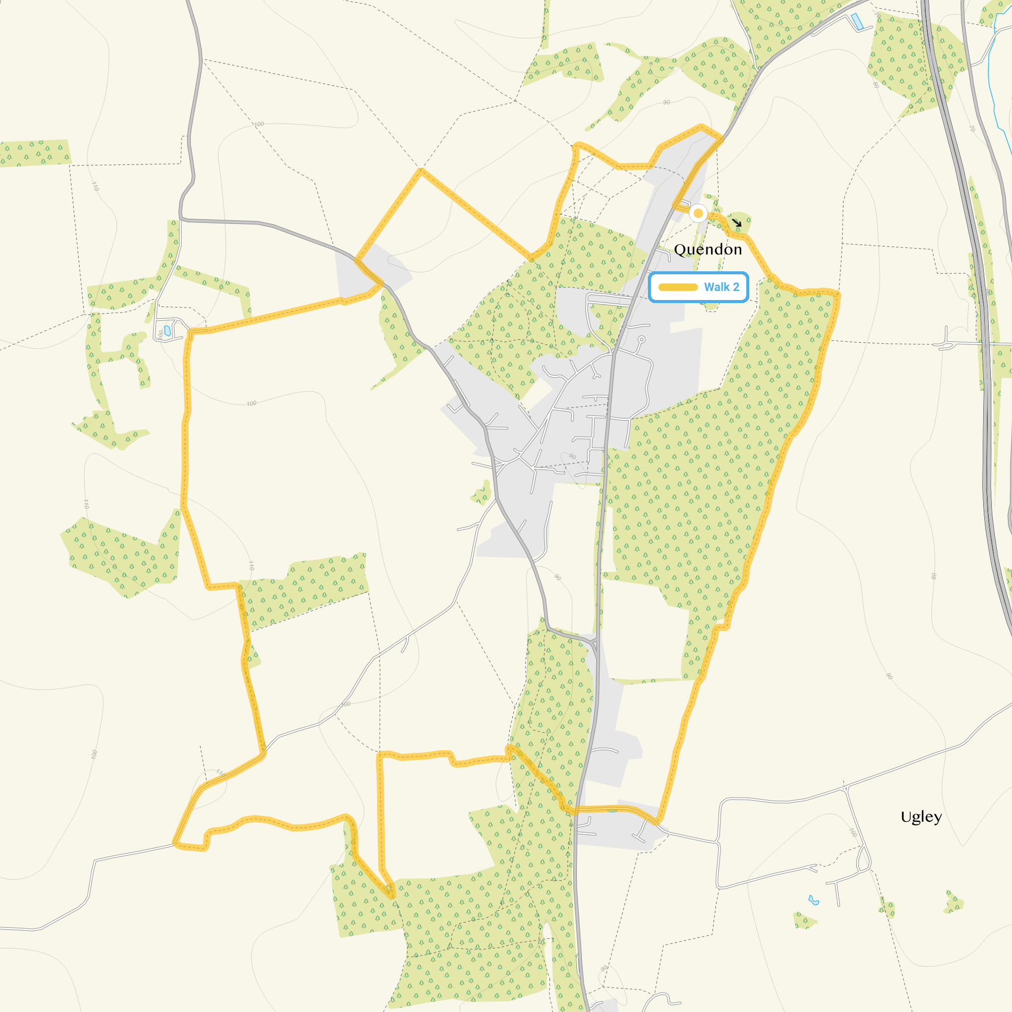Route map for Quendon Walk 2, a 5.5 mile circular walk in Essex