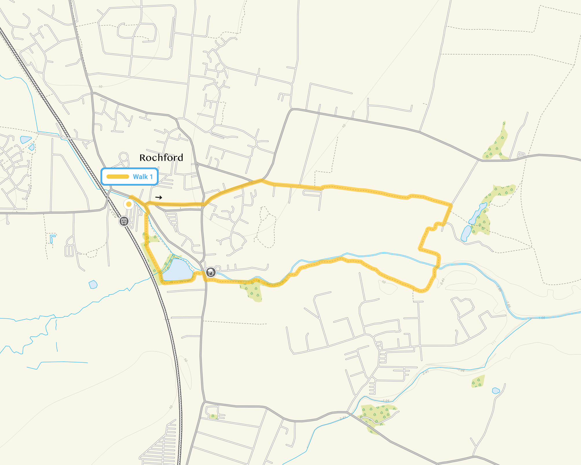Route map for Rochford Walk 1, a 2.25 mile circular walk in Essex