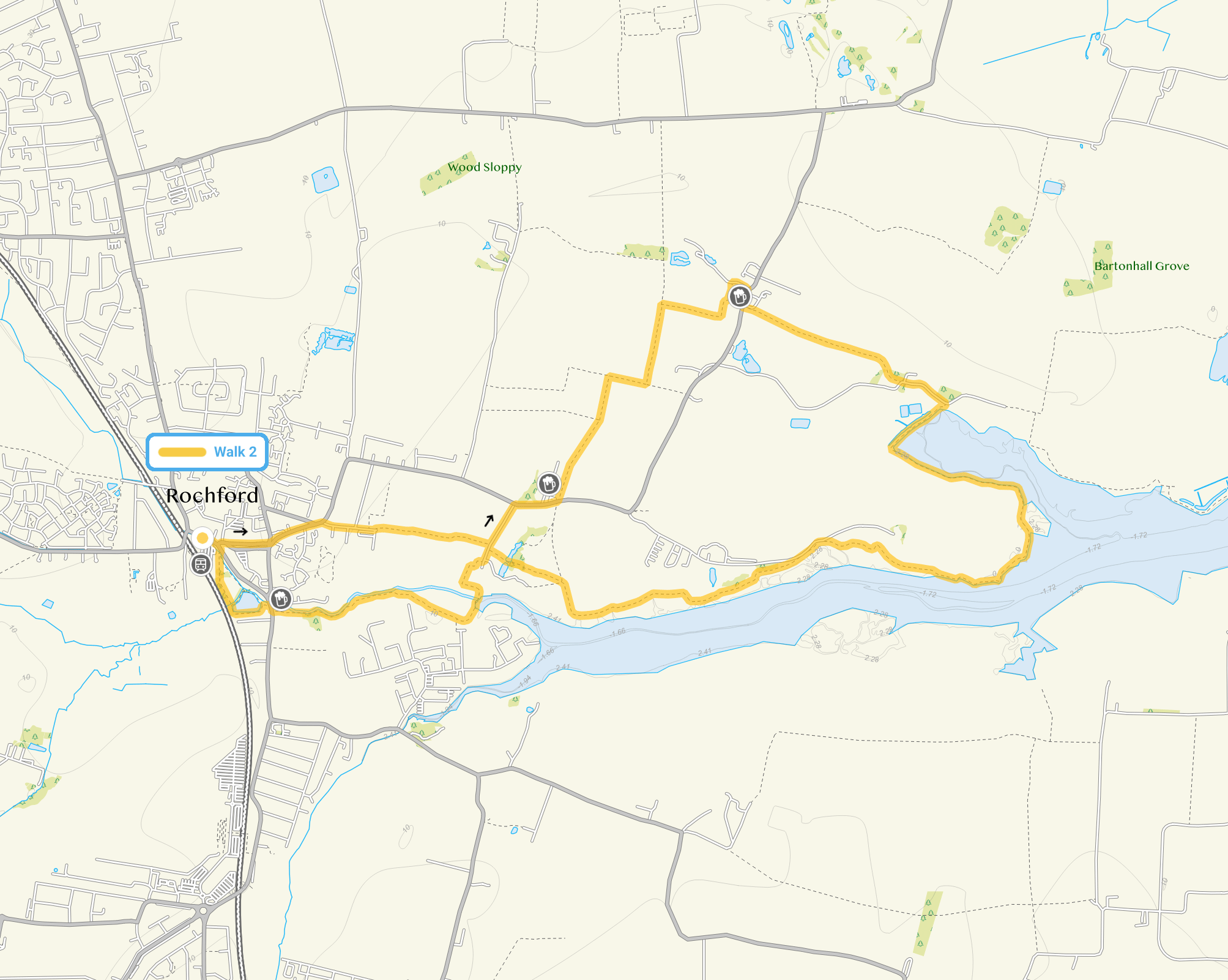 Route map for Rochford Walk 2, a 7.25 mile circular walk in Essex