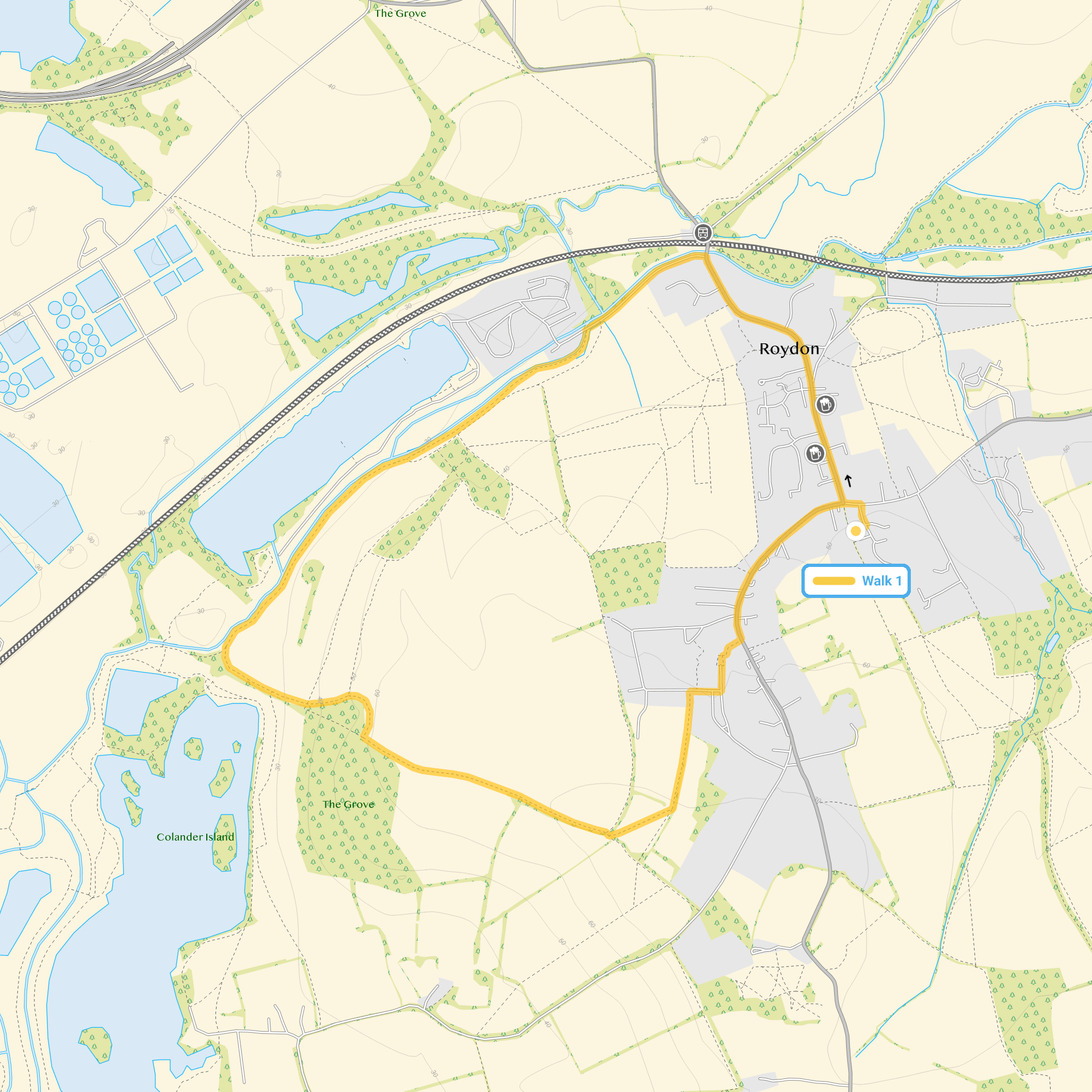 Route map for Roydon Walk 1, a 2.75 mile circular walk in Essex