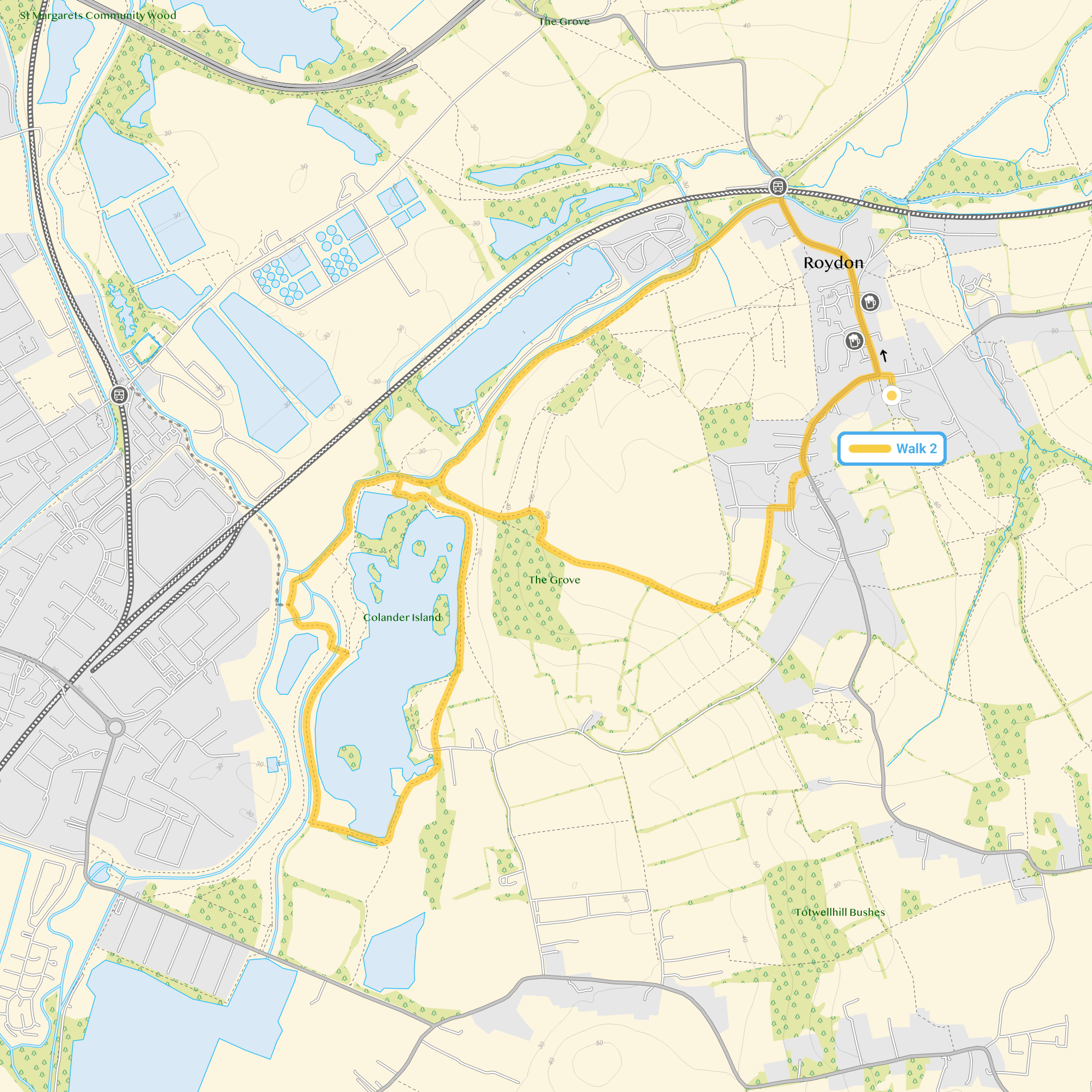 Route map for Roydon Walk 2, a 4.5 mile circular walk in Essex