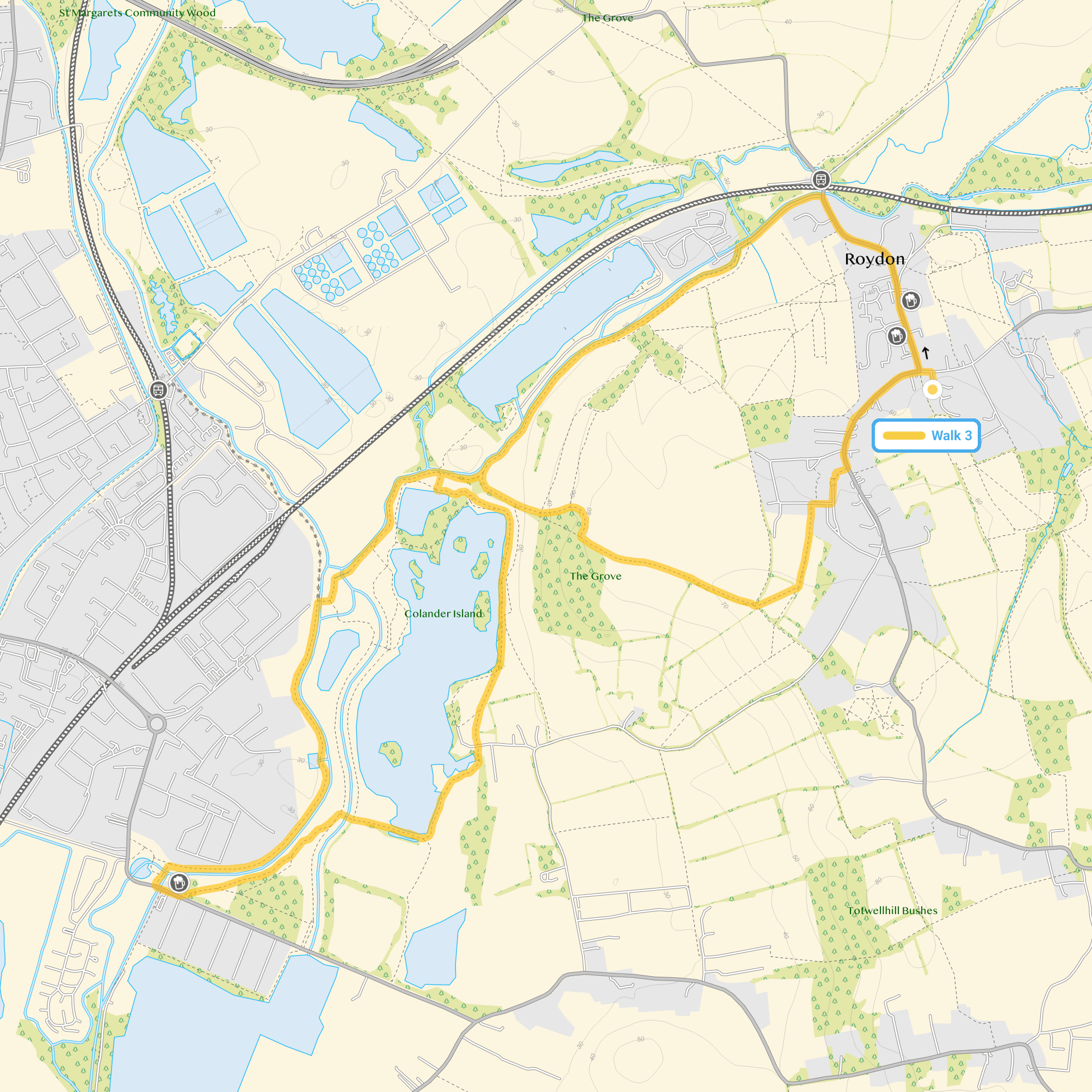 Route map for Roydon Walk 3, a 5.75 mile circular walk in Essex