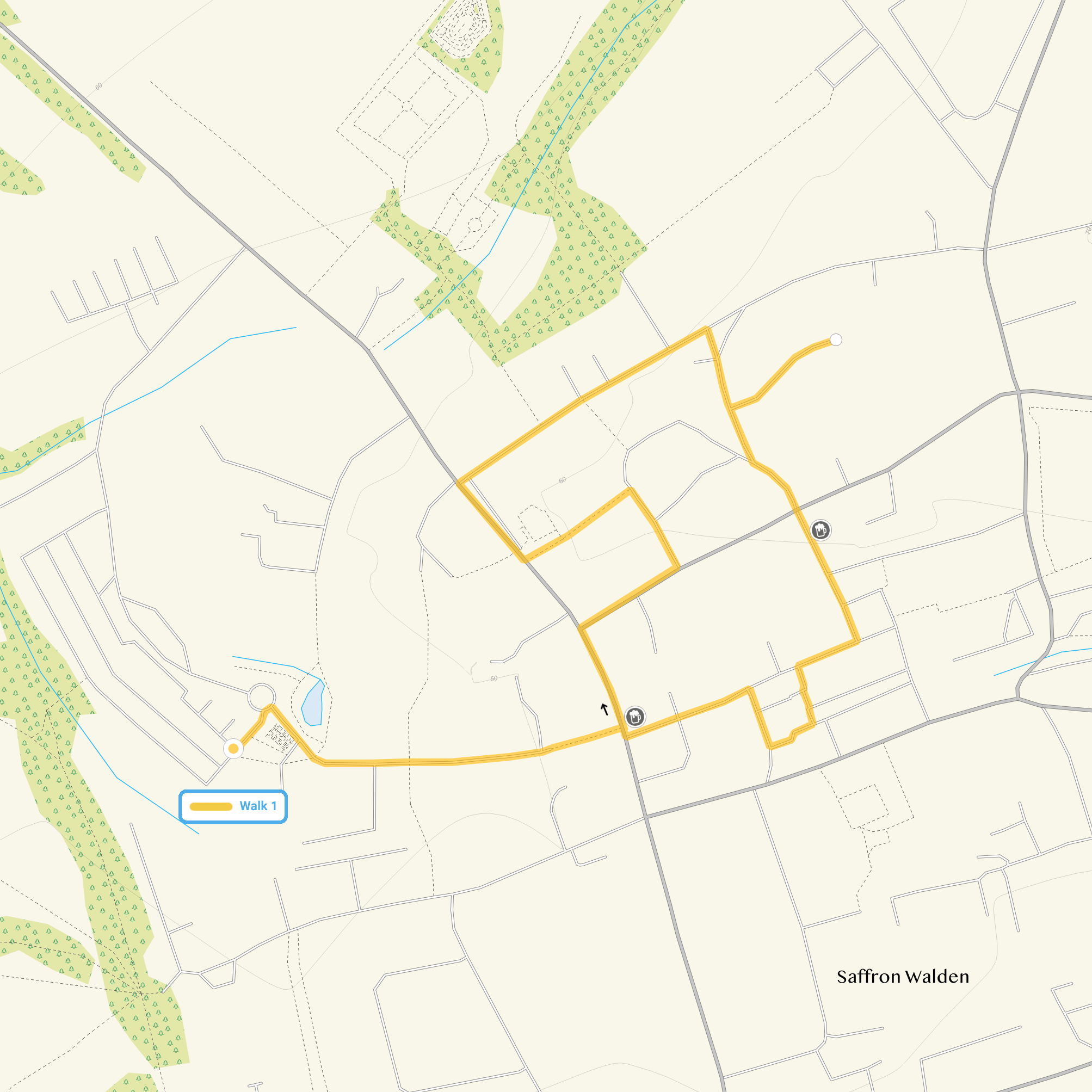 Route map for Saffron Waldon Walk 1, a 1.25 mile circular walk in Essex