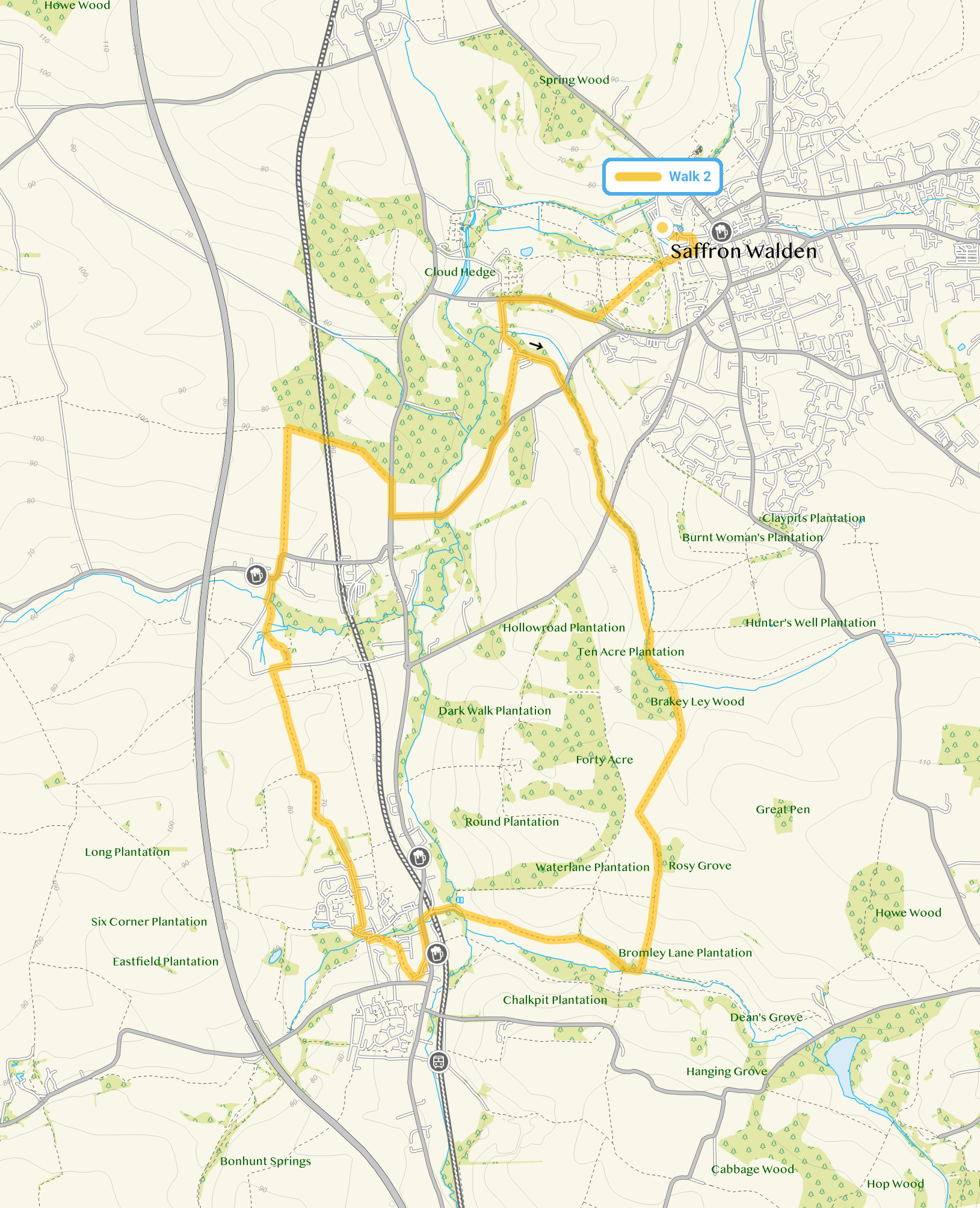 Route map for Saffron Waldon Walk 2, a 10 mile circular walk in Essex