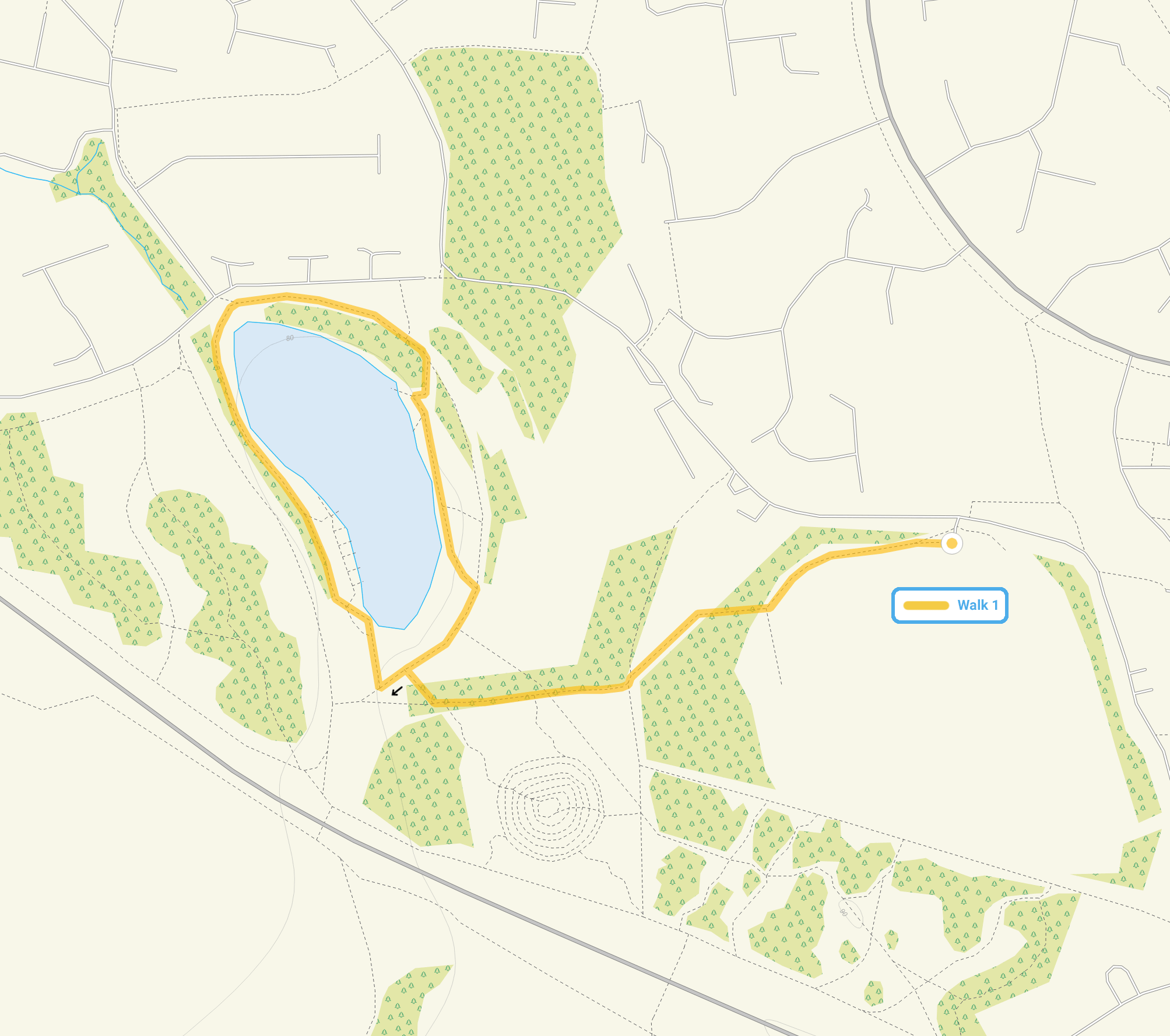 Route map for Southern Country Park Walk 1, a 1 mile circular walk in Essex