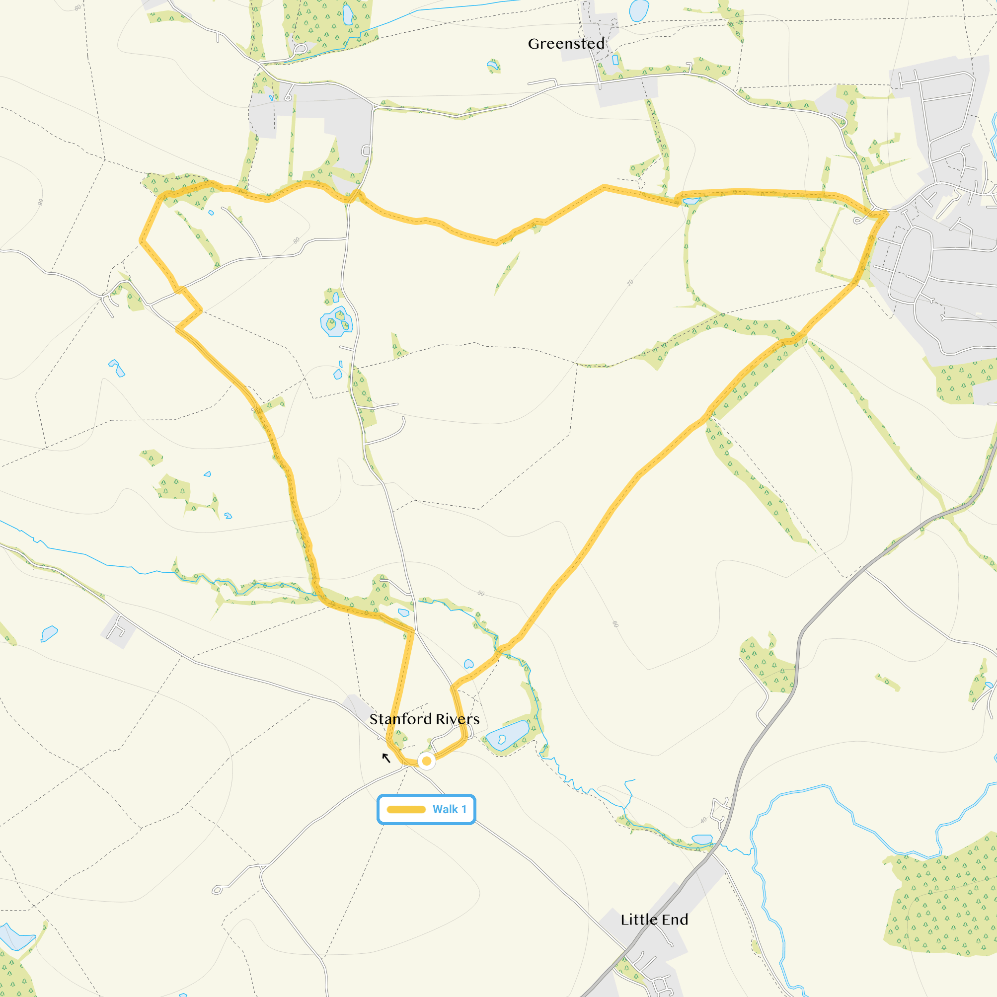 Route map for Stanford Rivers Walk, a 4.25 mile circular walk in Essex