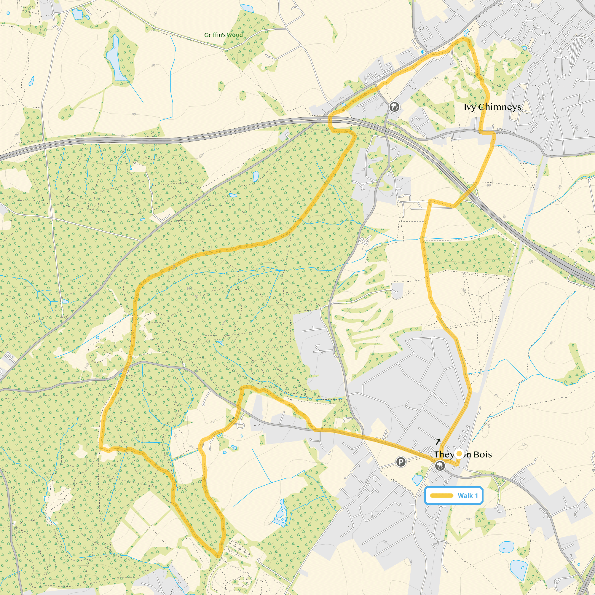 Route map for Theydon Bois Walk, a 6.75 mile circular walk in Essex