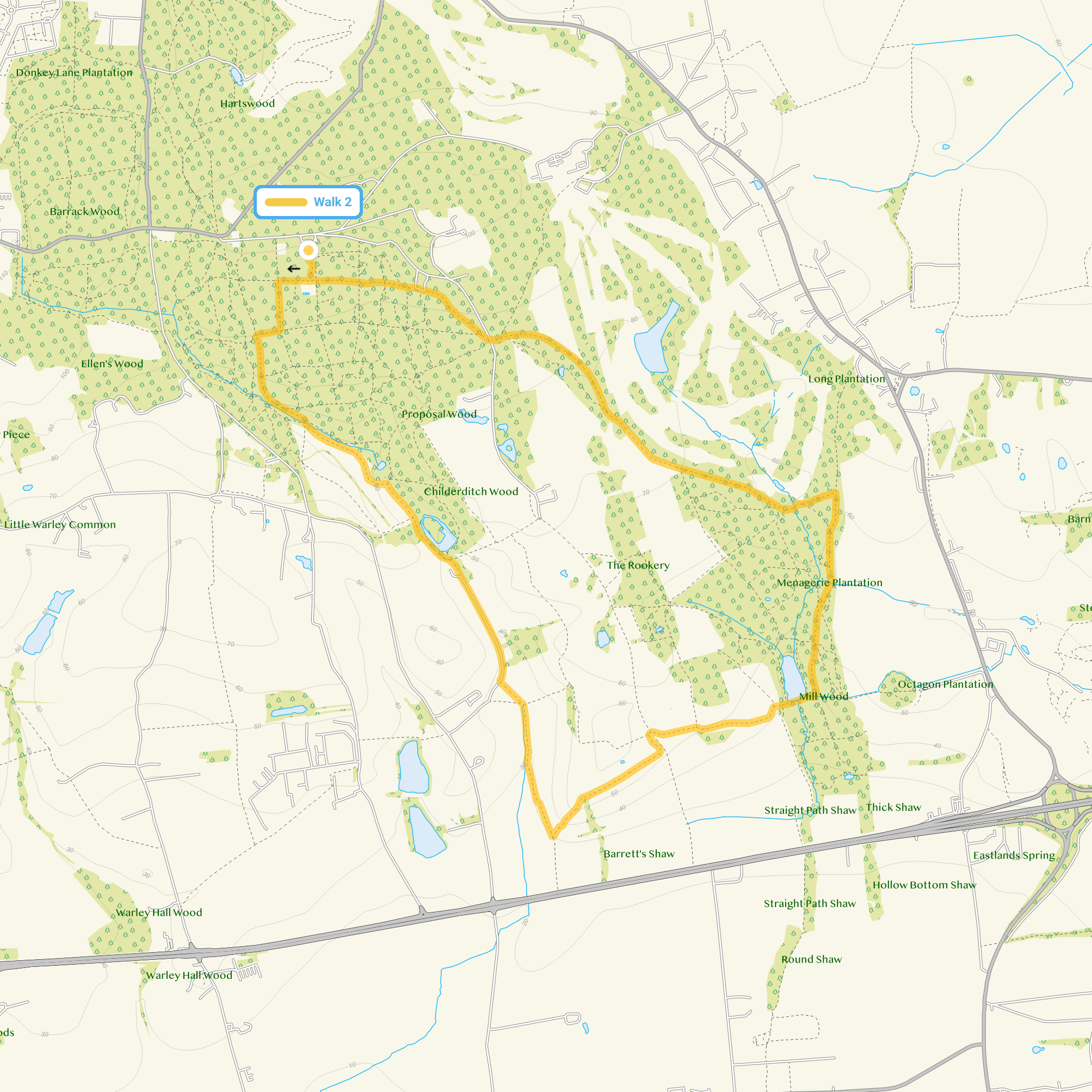 Route map for Thorndon Country Park Walk 2, a 4.75 mile circular walk in Essex
