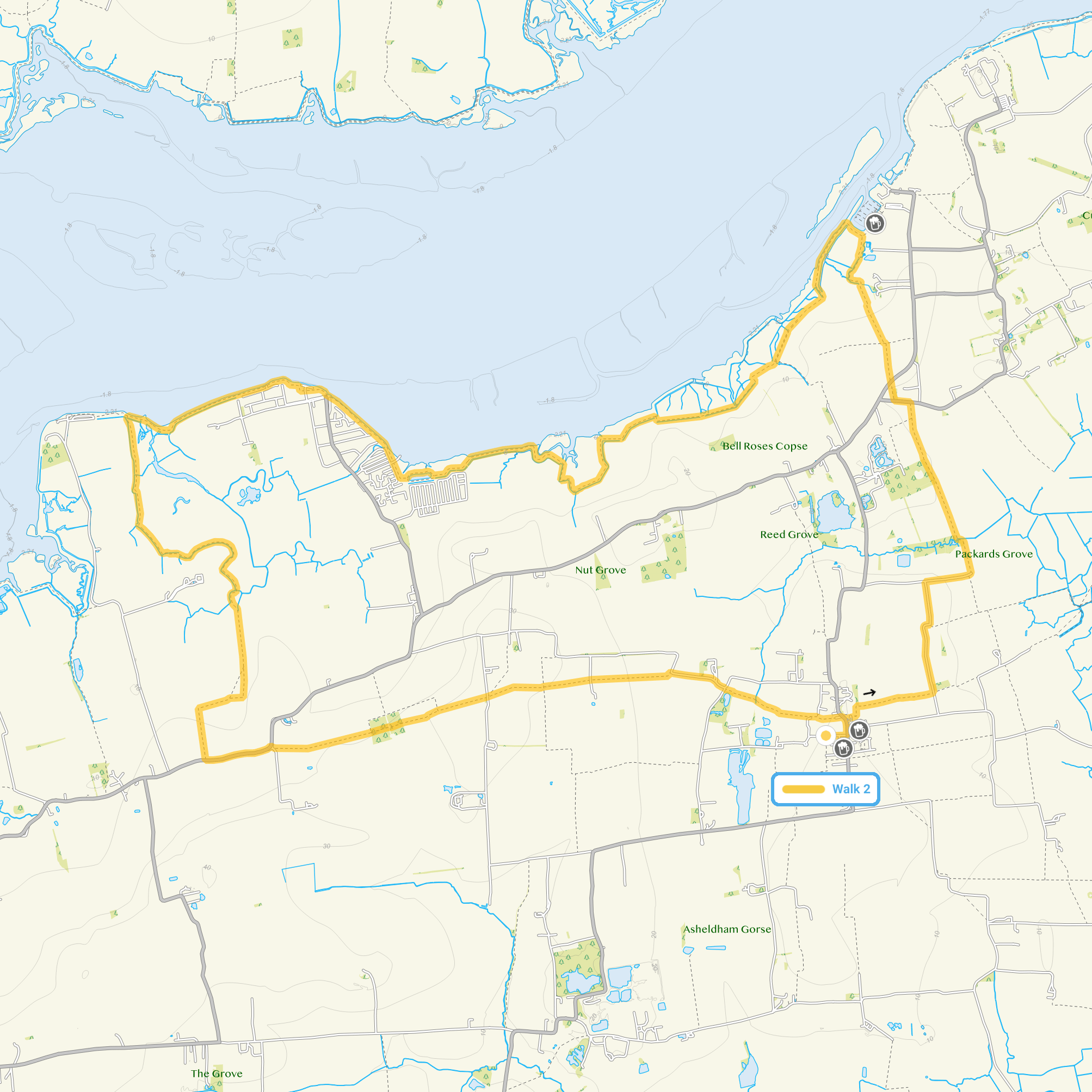Route map for Tillingham Walk 2, a 14 mile circular walk in Essex