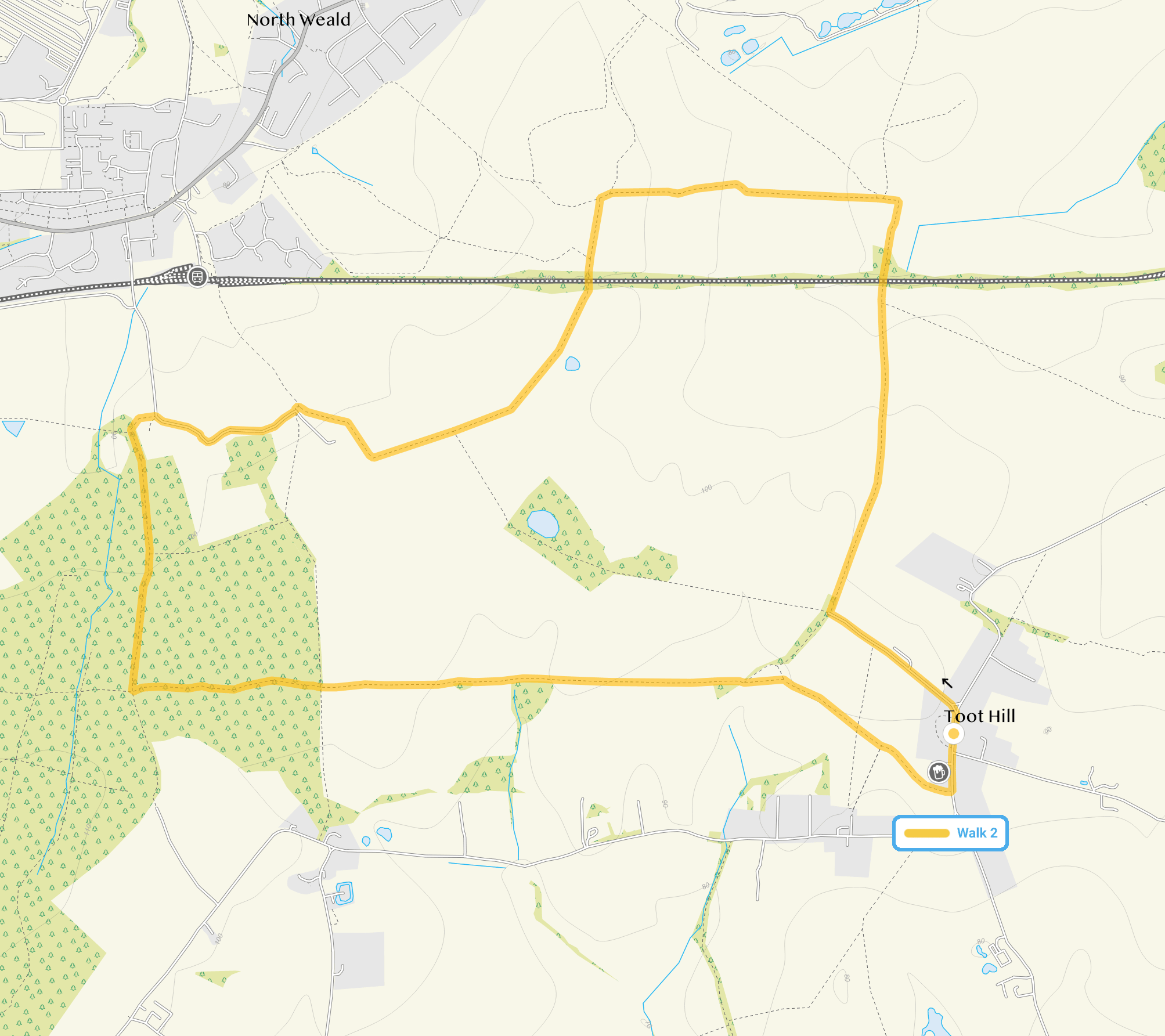 Route map for Toot Hill Walk 2, a 4.5 mile circular walk in Essex