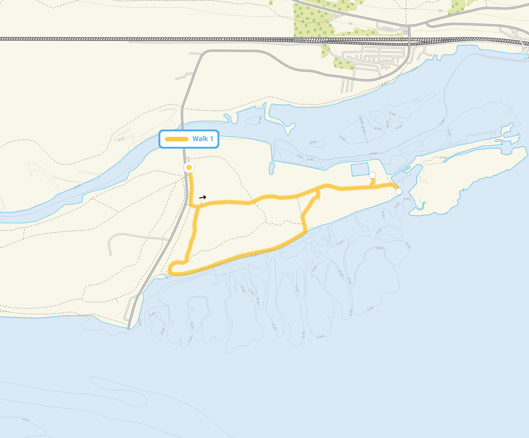 Route map for Two Tree Island Walk 1, a 1.5 mile circular walk in Essex