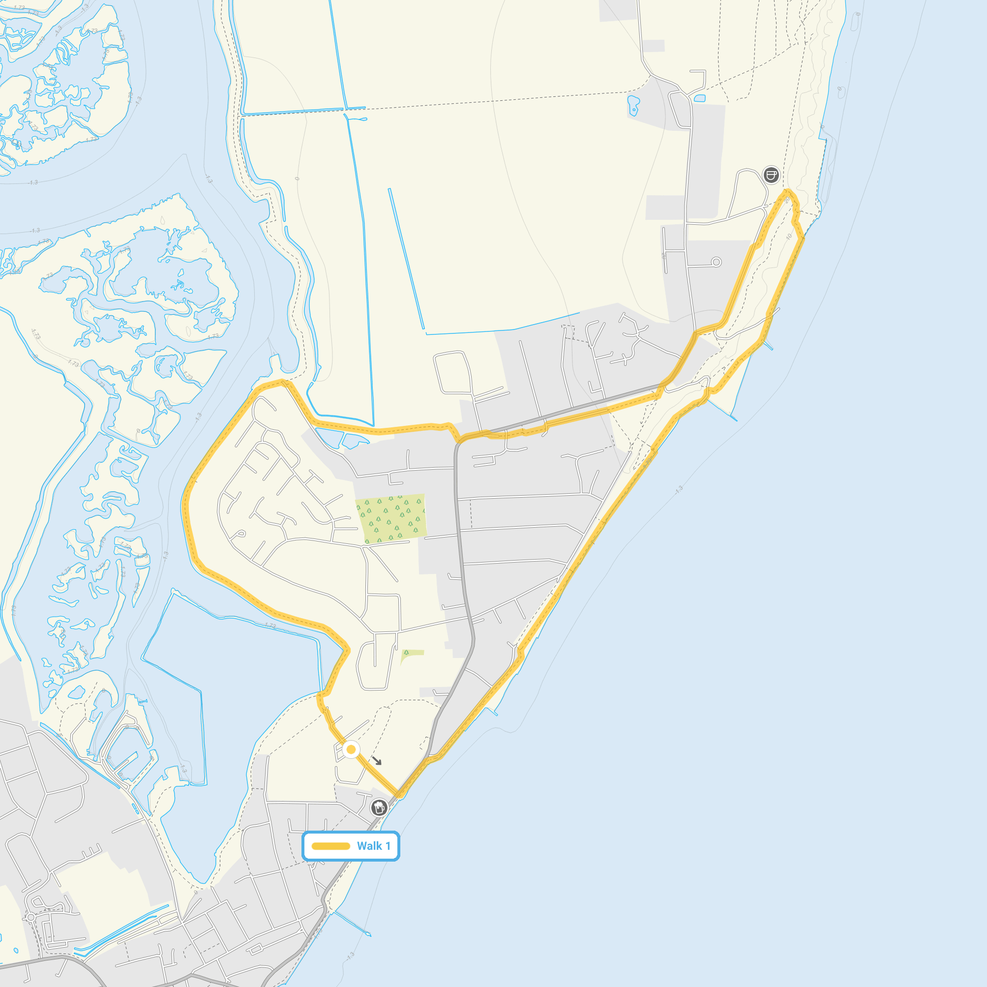 Route map for Walton-on-the-Naze Walk 1, a 2.75 mile circular walk in Essex