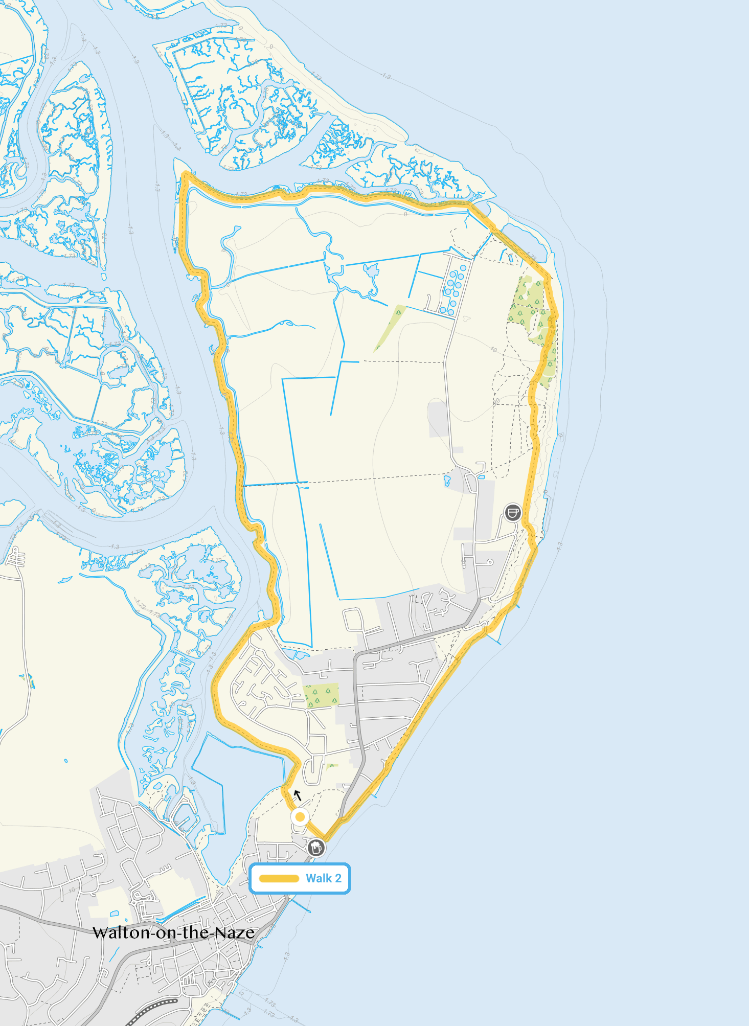 Route map for Walton-on-the-Naze Walk 2, a 4.75 mile circular walk in Essex