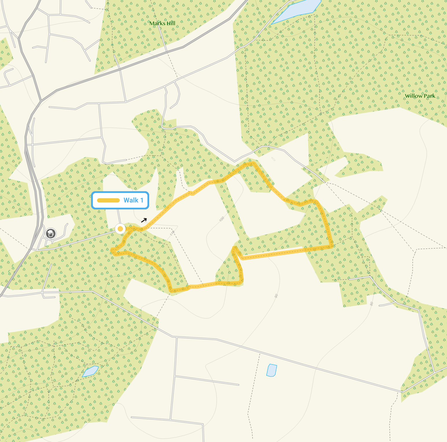 Route map for Westley Heights Walk 1, a 1 mile circular walk in Essex