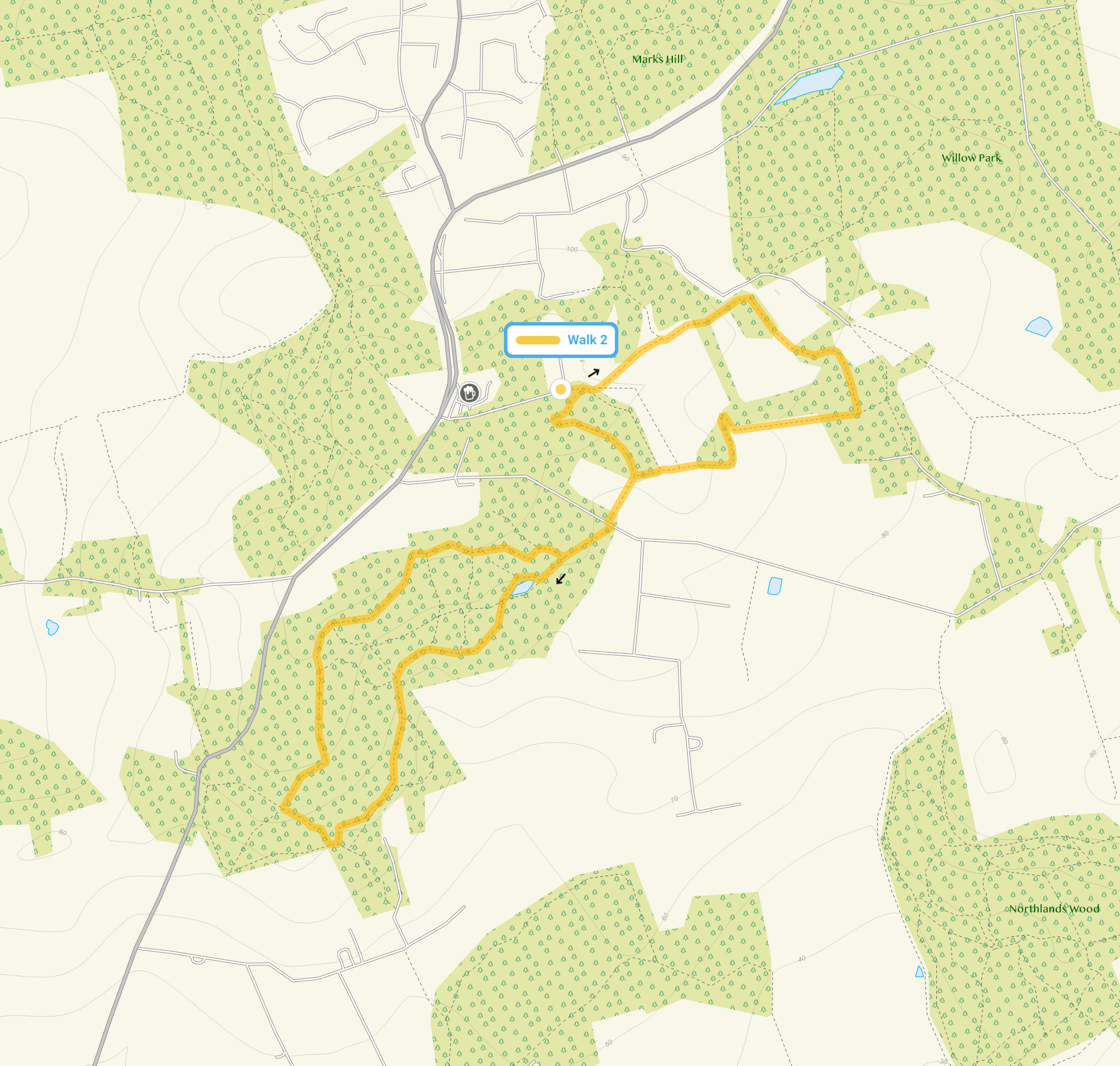 Route map for Westley Heights Walk 2, a 2.5 mile circular walk in Essex