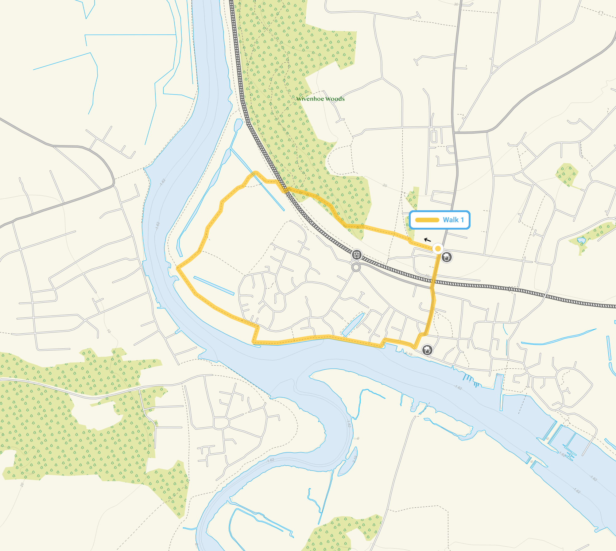 Route map for Wivenhoe Walk 1, a 1 mile circular walk in Essex