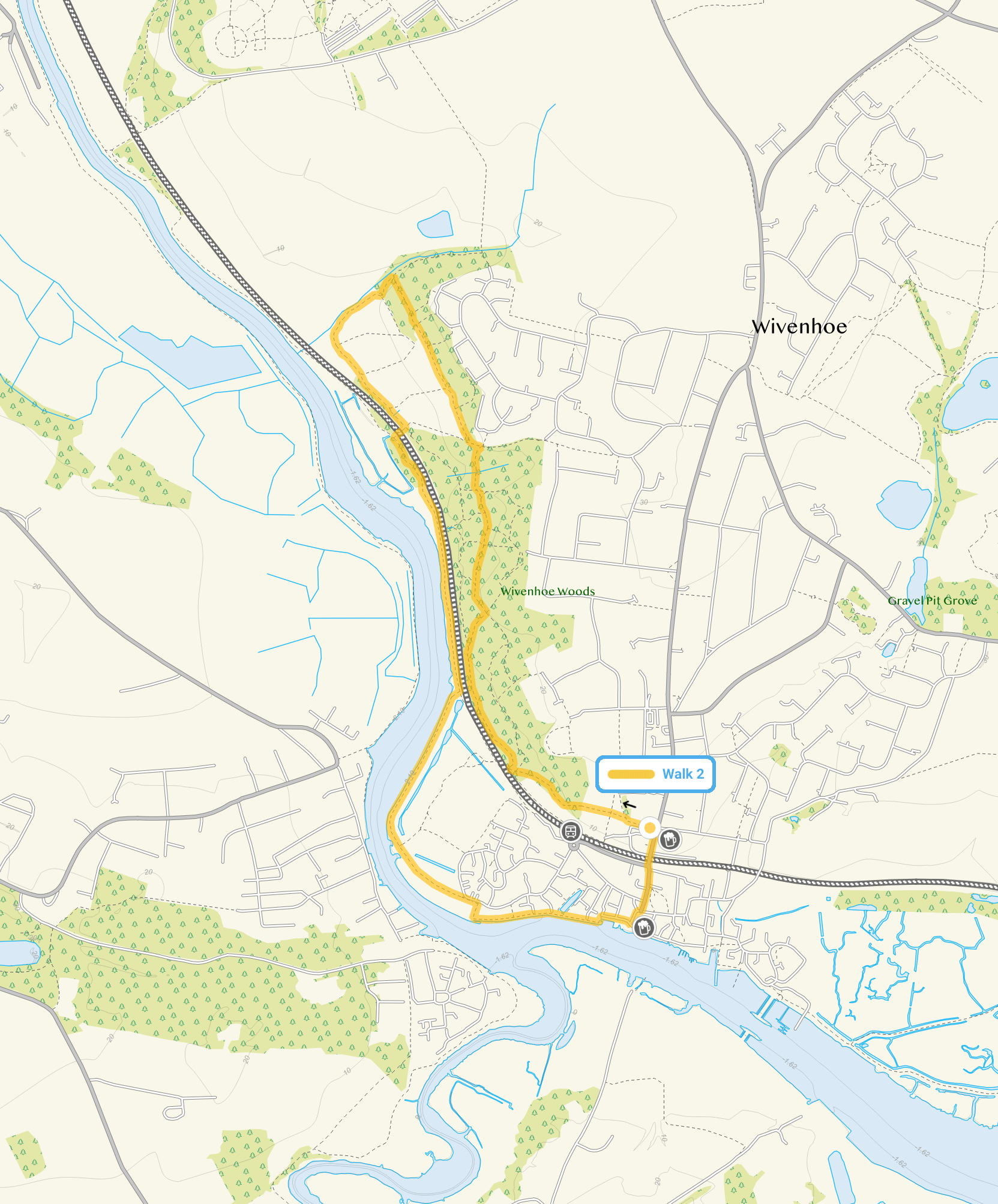 Route map for Wivenhoe Walk 2, a 2.75 mile circular walk in Essex