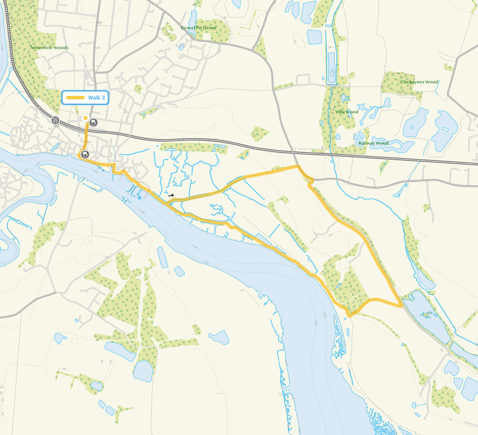 Route map for Wivenhoe Walk 3, a 3.5 mile circular walk in Essex
