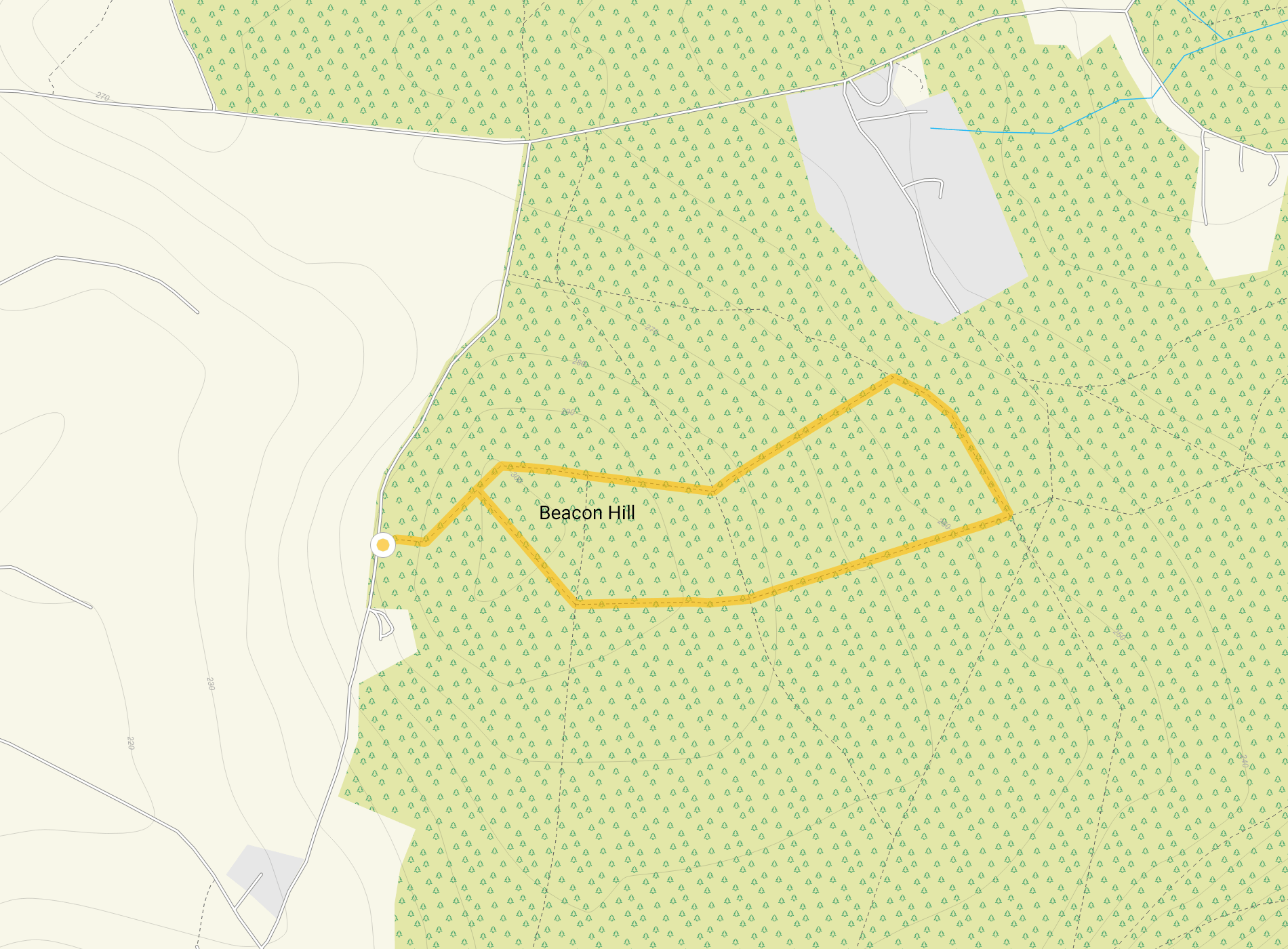 Route map for Beacon Hill Walk 1, a 1.75 mile circular walk in Gloucestershire