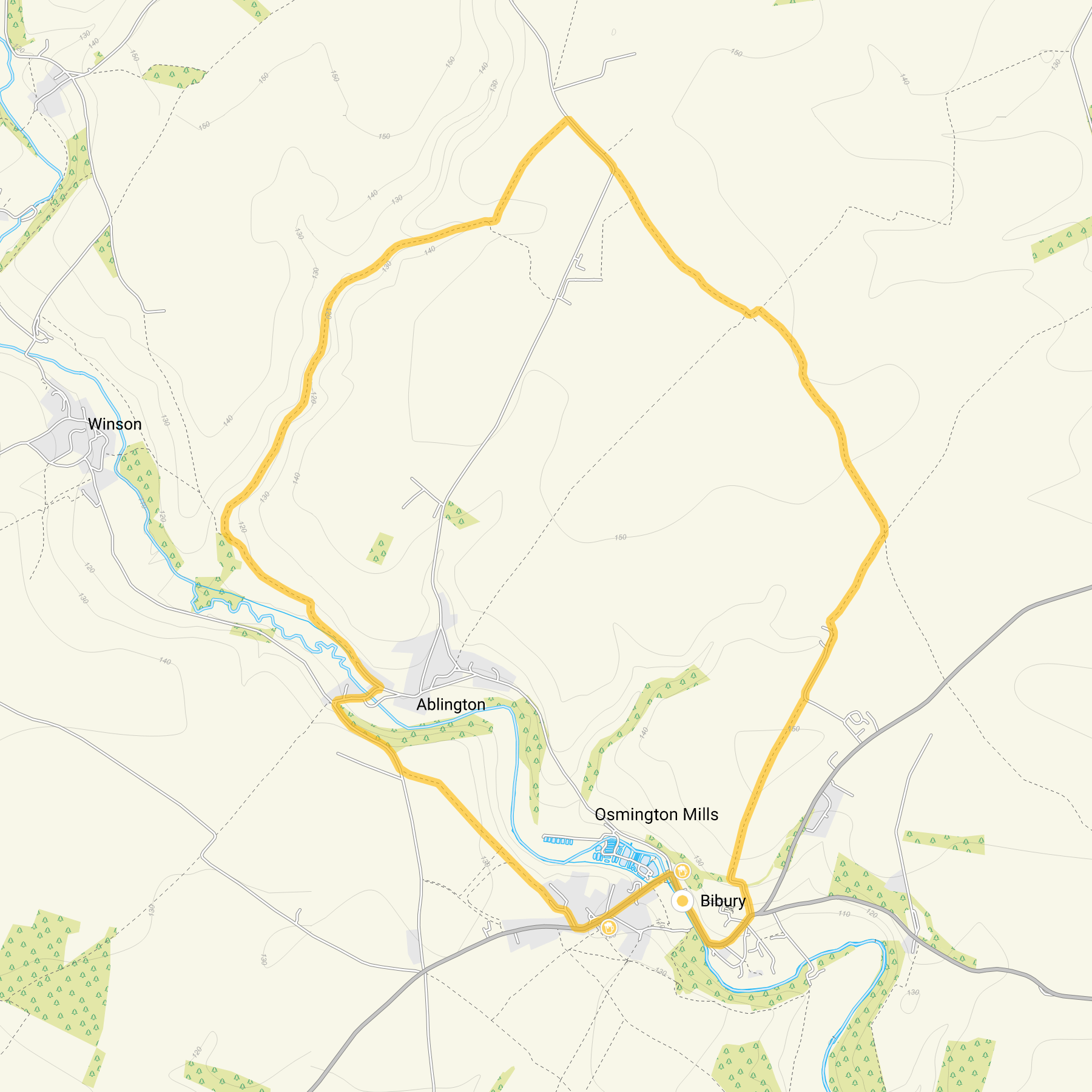 Route map for Bibury and Ablington walk, a 6.25 mile circular walk in Gloucestershire