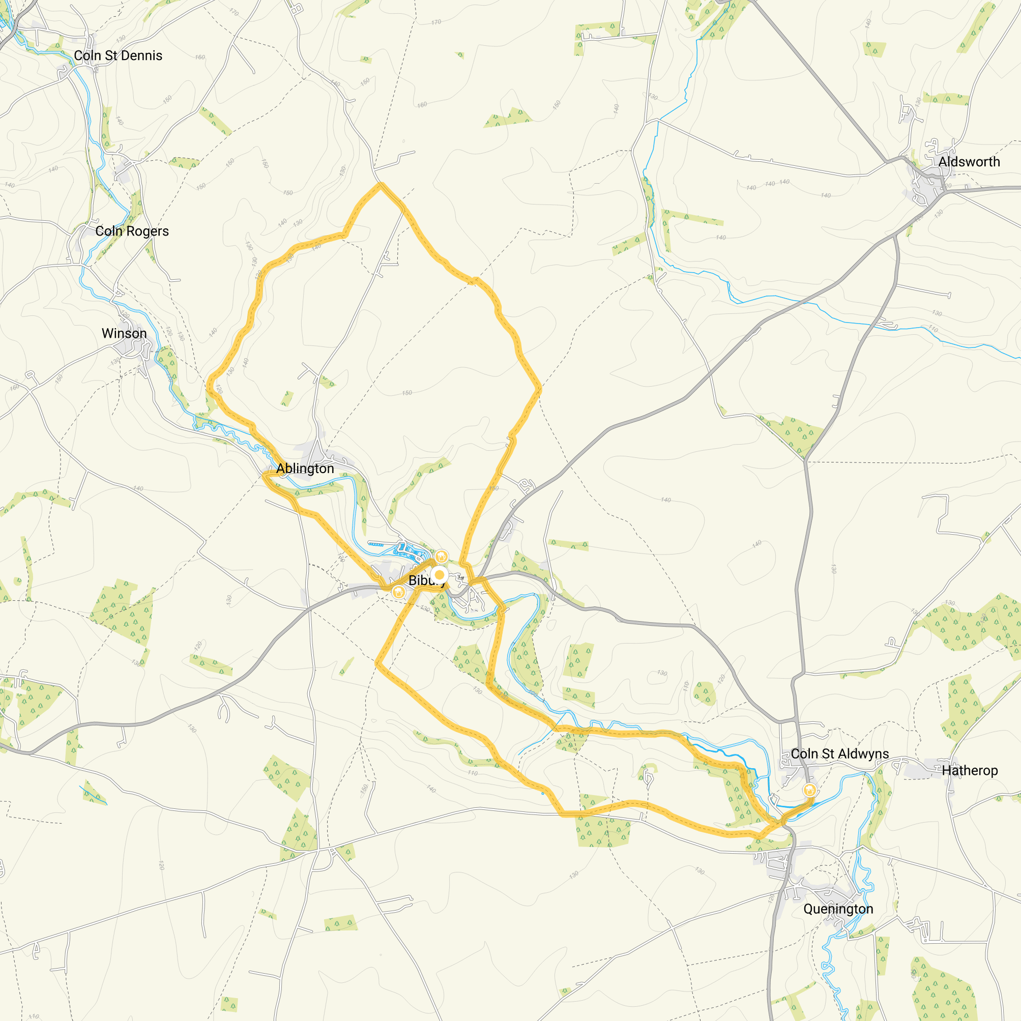 Route map for The Bibury adventure walk, an 11.75 mile circular walk in Gloucestershire