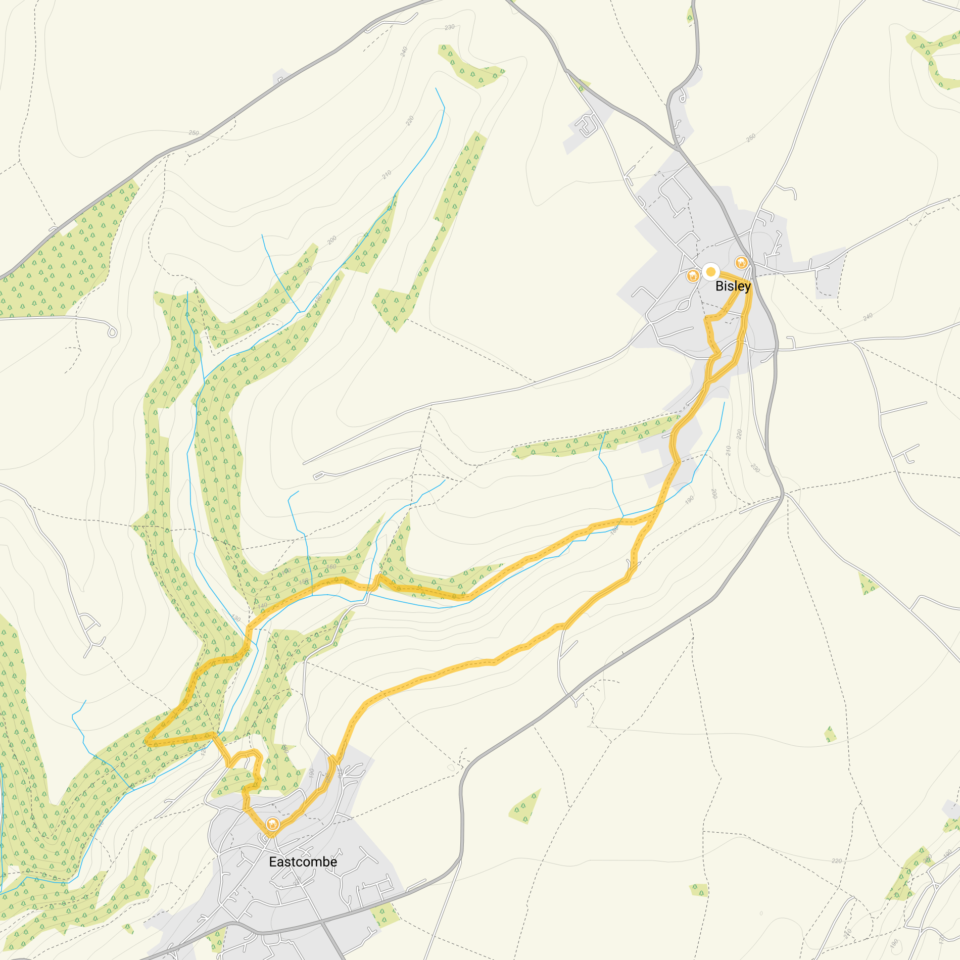 Route map for Bisley Valley Walk, a 3.75 mile circular walk in Gloucestershire