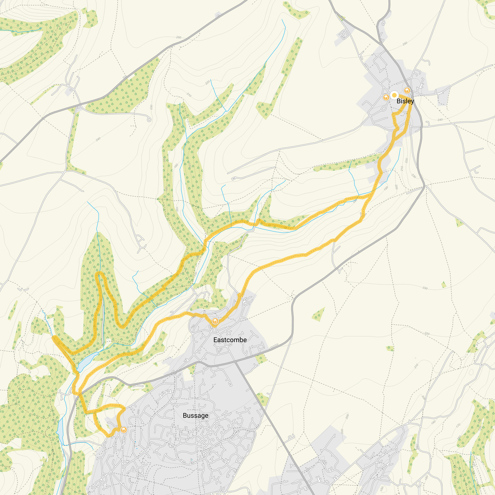 Route map for Bisley Three Villages Walk, a 6.25 mile circular walk in Gloucestershire