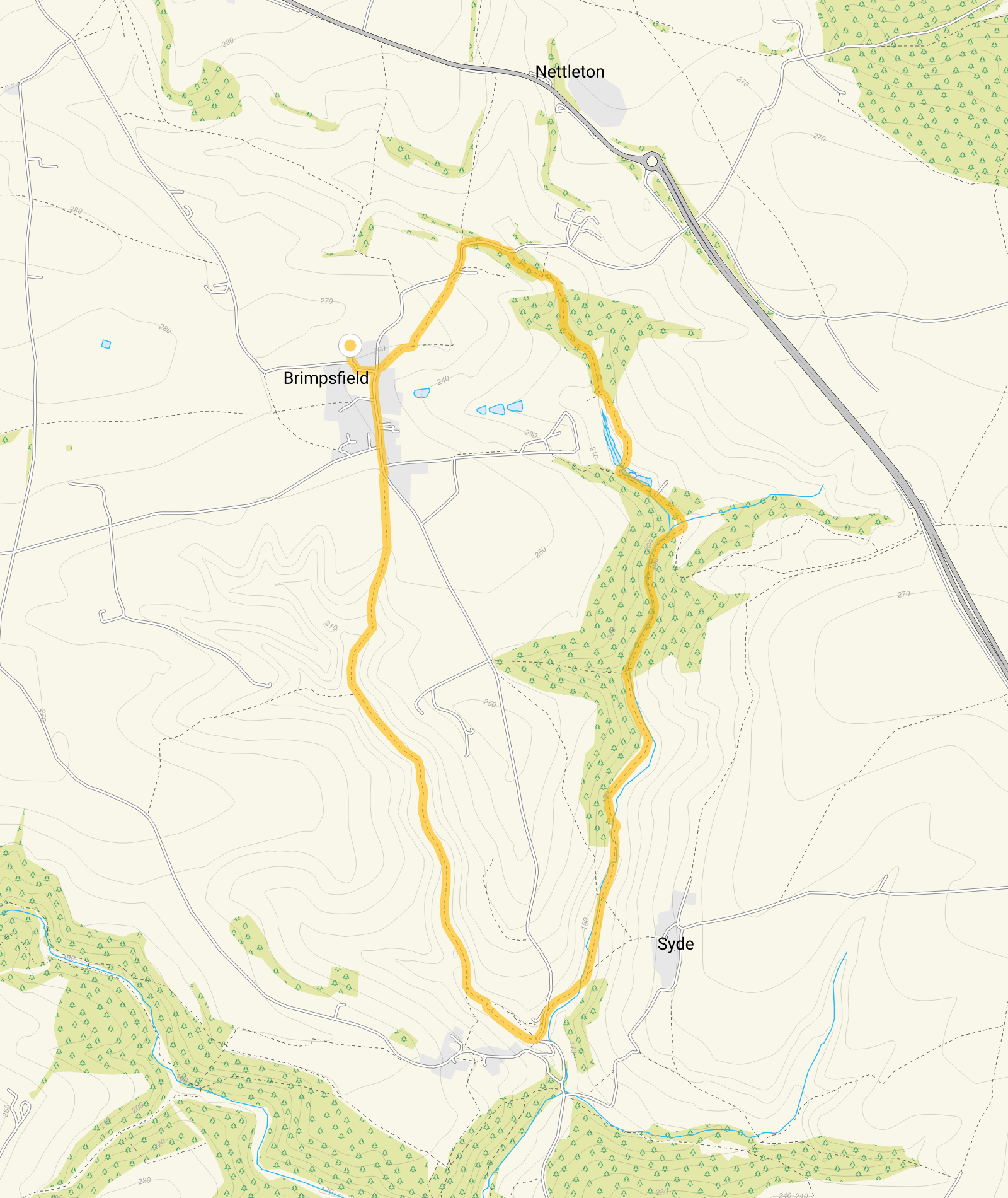 Route map for Brimpsfield Walk 3, a 4 mile circular walk in Gloucestershire