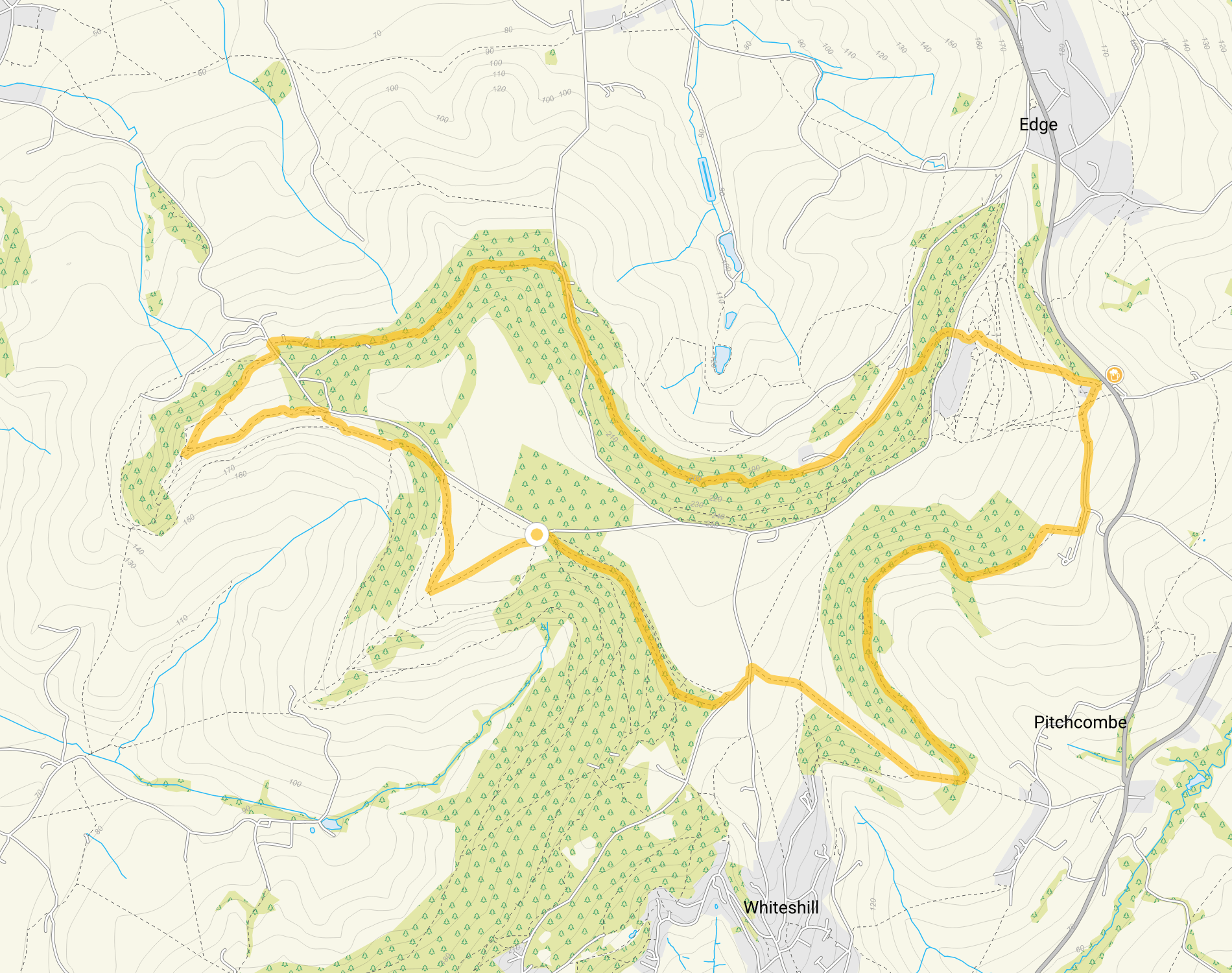 Route map for Bruce Trail Walk, a 6 mile circular walk in Gloucestershire