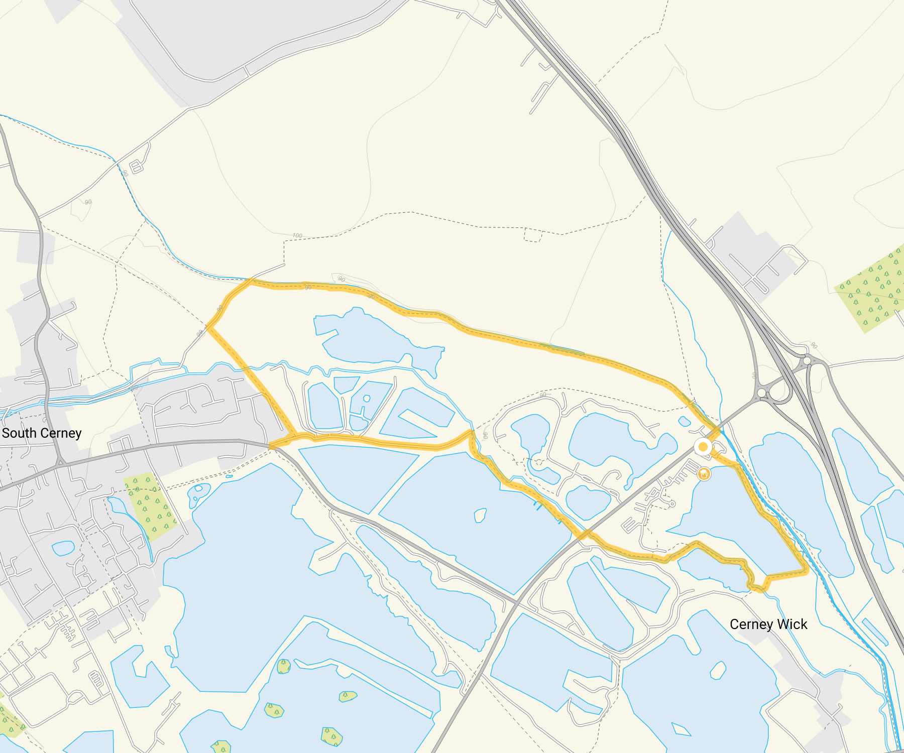 Route map for Cerney Wick and South Cerney Walk, a 3.5 mile circular walk in Gloucestershire